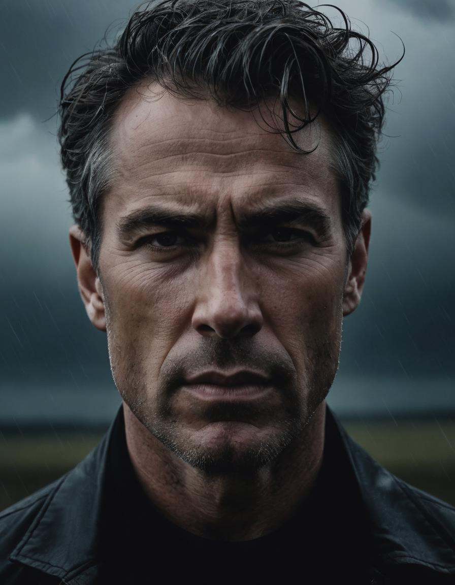 Close-up portrait of a man, tense expression, stormy weather backdrop, dramatic lighting, reminiscent of Ansel Adams' work