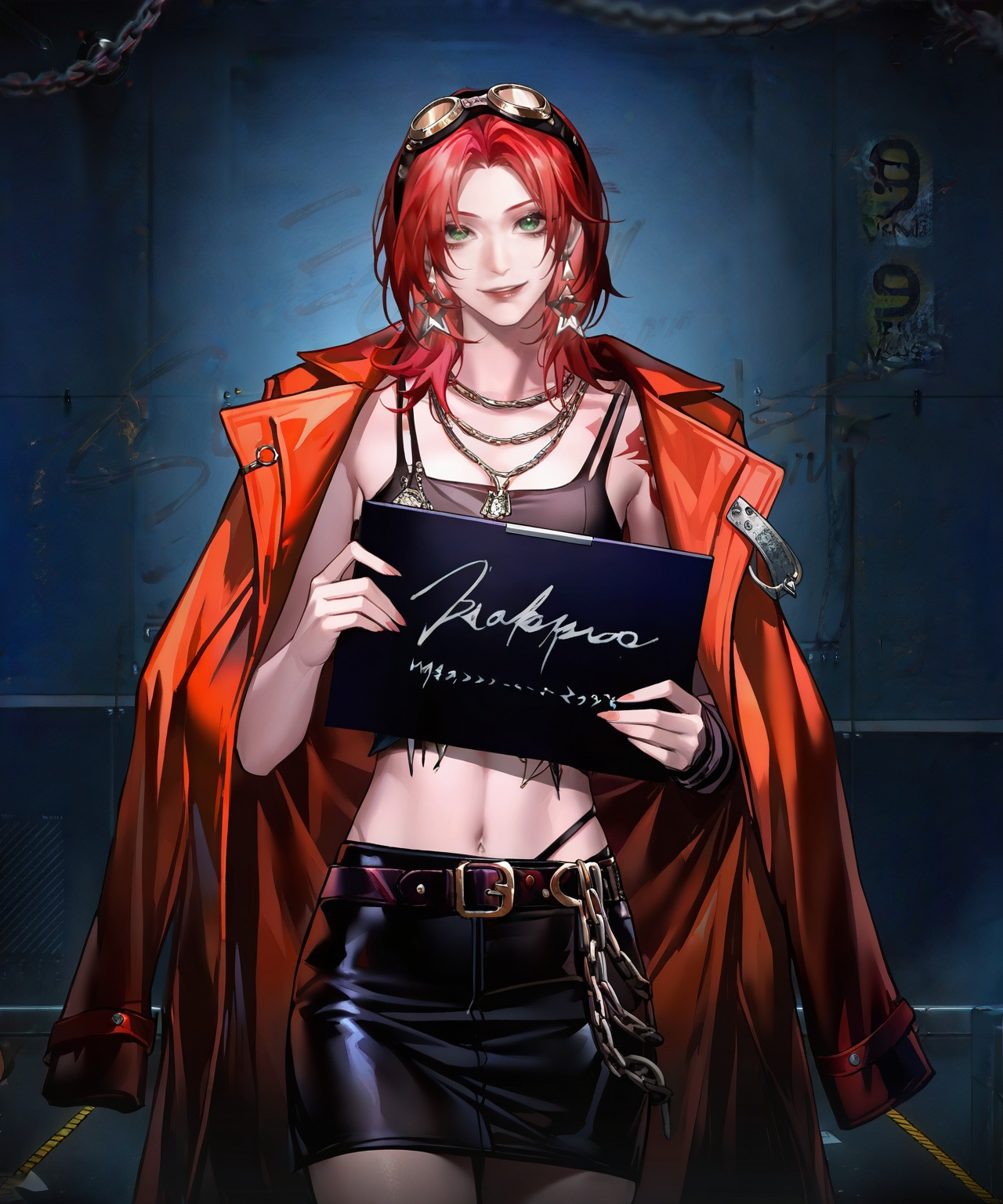 masterpiece,best quality,<lora:wqmt-gnoob-Tanger:1>,Path to Nowhere  \(video game\),game CG,1girl, solo, goggles, red hair, jewelry, goggles on head, skirt, navel, midriff, necklace, looking at viewer, jacket, black skirt, earrings, breasts, crop top, cleavage, coat, tattoo, cowboy shot, green eyes, medium hair, chain necklace, own hands together, pencil skirt, holding, smile