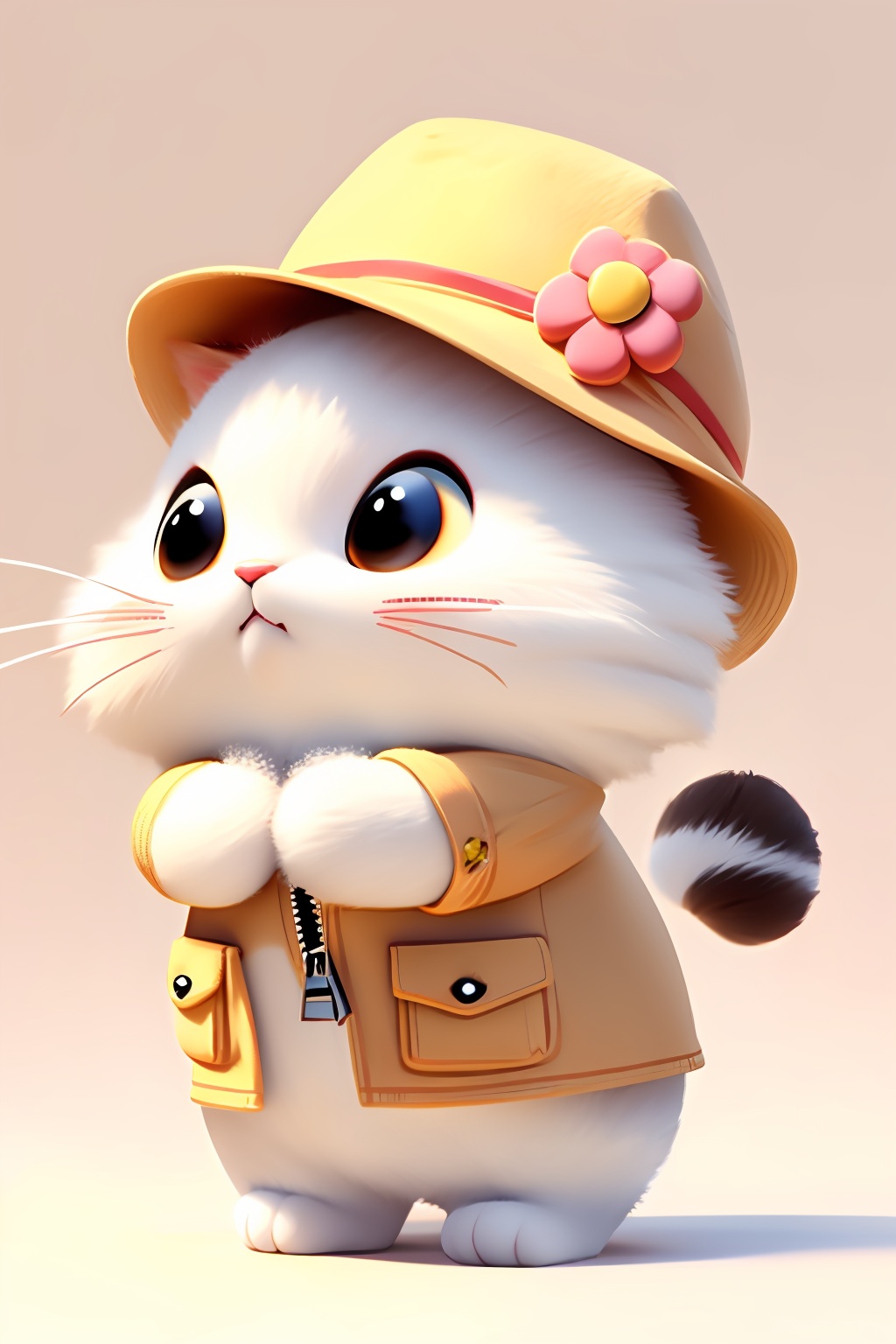 Pixar style,cat,no humans,white cat,hat,animal,zipper,solo,animal focus,simple background,whiskers,clothed animal,pocket,fluffy,