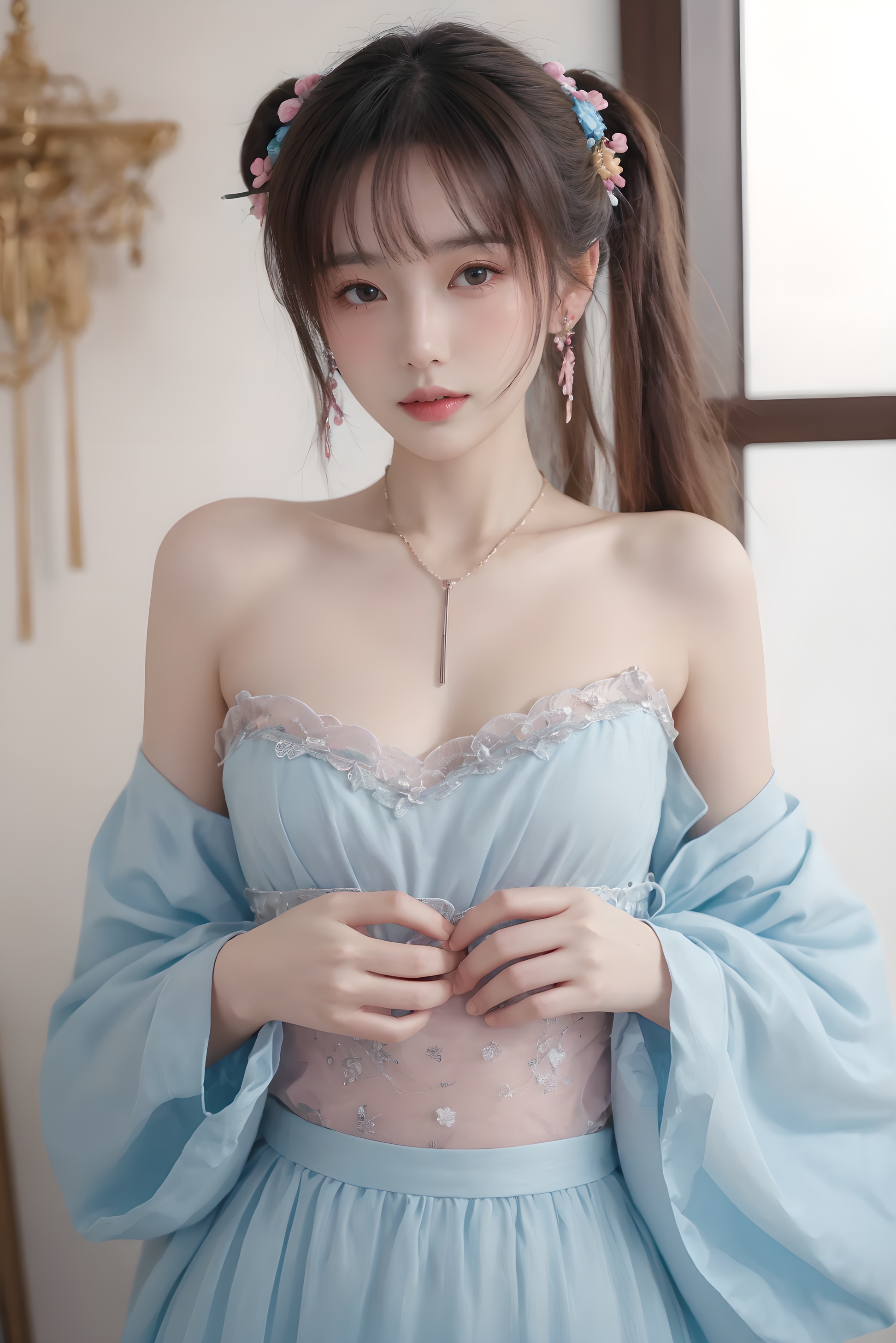 masterpiece, best quality,best quality,official art,extremely detailed CG unity 8k wallpaper,(1girl:1.3), cute face, blush, black eyes, pink eyeshadow,flat chest,hanfu, (Out of the shoulders),pendant, jewelry, jewelry, (earrings:1.1), (bell:1.1), (necklace:1.1), hair ribbon,Hand on chest,hair_ornament, hair_flower,Bright necklace, Out of the shoulders,Perfect hand,(collarbone:1.1),cleavage, (Shoulder trim:1.2), (Chest decoration:1.3), Look to the sky, (Look the other way:1.2),(Fineskindetails:1.1),mix4,machinery,Open chest <lora:guochao:0.66>masterpiece,high quality,best quality),(colorful),(delicate eyes and face),volumatic light,ray tracing,extremely detailed CG unity 8k wallpaper,solo, indoors, palace, lights, window, decorations,(ahoge:1.3),best quality,official art,(((light from the sky))),floating hair,light shines on hair,whultra-detailed,(((extremely detailed cg 8k wallpaper))),(crystalstexture skin:1.4),(extremely delicate and beautiful),(white skin),looking_at_viewer,kinghere fensejiaren,,realistic,
