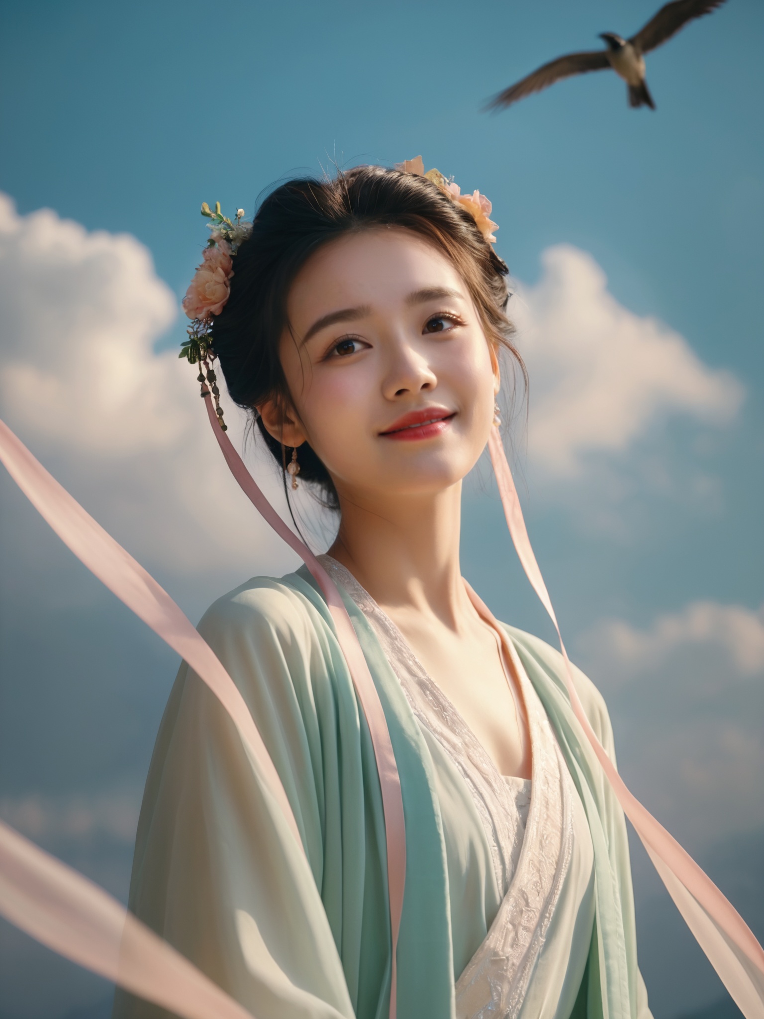 cinematic still detailed girl face,smile . emotional, harmonious, vignette, 4k epic detailed, shot on kodak, 35mm photo, sharp focus, high budget, cinemascope, moody, epic, gorgeous, film grain, grainy, This is a scene of an ancient Chinese fairy flying in the air, a young girl wearing a gorgeous robe, elegant posture, suspended in the air, long ribbons, accompanied by flowers, surrounded by clouds, and a few birds, mixed style, clear sunlight, detailed girl face,smile, pretty, fine detail, dramatic light, cinematic, background, elegant, intricate, highly detailed, complex, sharp, focus, professional color, very beautiful, cute, magical, enchanted, glowing, confident, illuminated, inspired, famous, colorful, transparent, best,, winning, perfect, romantic, thoughtful, artistic, loving, charming
