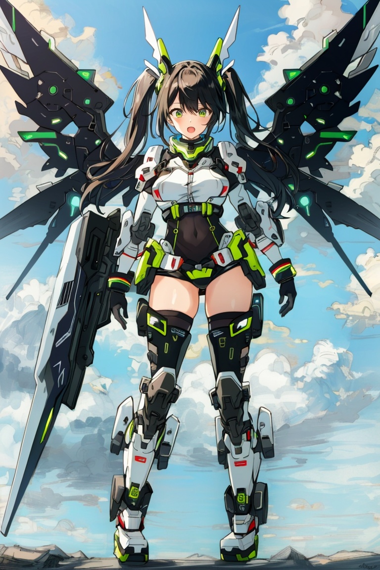 ((HRD, HUD, 8K)),((masterpiece, best quality)), highly detailed, soft light,Mecha, 1girl, green eyes, solo, black hair, thighhighs, breasts, cloud, sky, long hair, twintails, weapon, flying, black thighhighs, wings, day, large breasts, bodysuit, mecha musume, mechanical wings, open mouth, headgear, neon trim, looking at viewer, full body, boots,﻿ <lora:20240427-1714184585124:0.8>