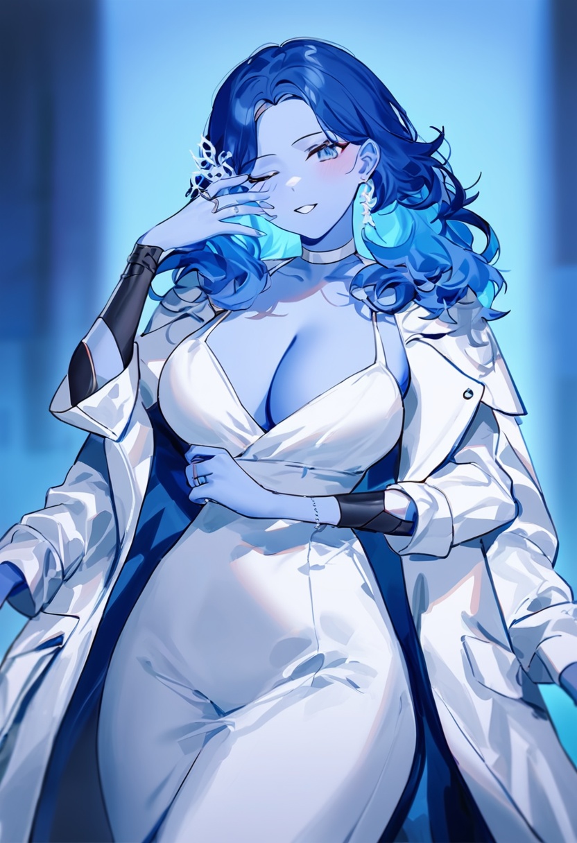 1girl,ranni the witch,ask \(askzy\), torino aqua, migolu, (jiu ye sang:1.1), (rumoon:0.9), (mizumi zumi:1.1),blue eyes, blue skin, extra arms, blue hair, white dress,earrings, one eye closed, looking at viewer, cleavage, large breasts, alternate costume, white jacket, alternate breast size, jacket, contemporary, mechanical arms, wedding ring, pants, blurry background, cowboy shot,masterpiece, best quality, newest, absurdres, nsfw, explicit, <lora:‌Elden Ring-Ranni_v1.0:1> 