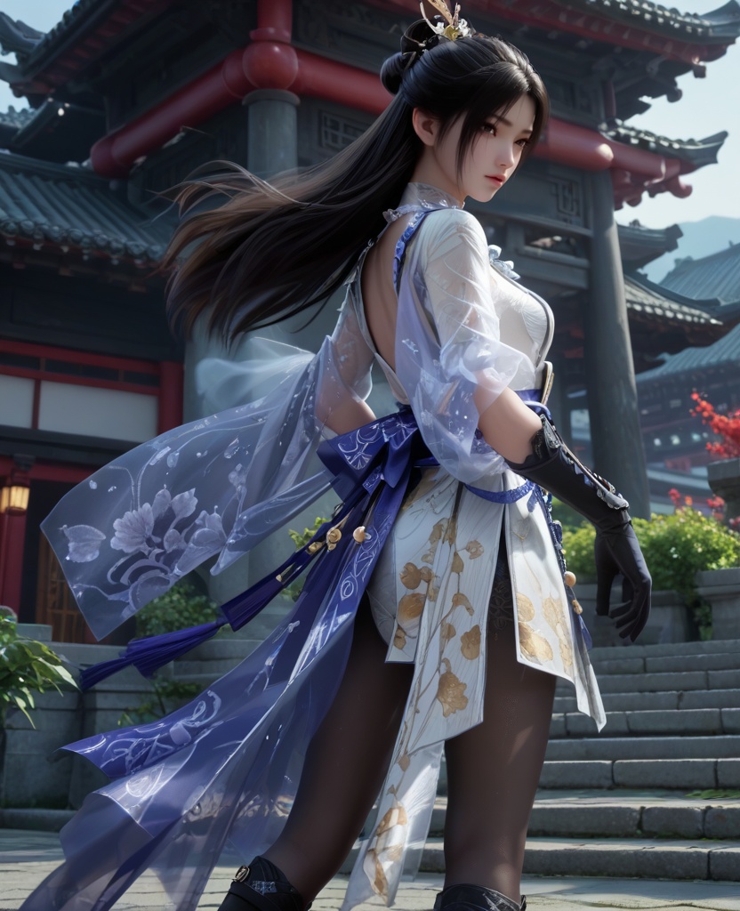 (oriental architecture, elegant decor, sophisticated style:1.1),(Looking over the shoulder, looking back,:1.1),(breasts:1.2),<lora:XL32顾清寒冰雁:0.95>,miss guqinghan,white dress,purple lingerie,sash,black hair,long hair,hair ornament,black gloves,black pantyhose,black boots,fart curtain,, score_9,score_8_up,score_7_up,score_6_up,score_5_up,score_4_up,3d rendering,tag1,tag2, Cinematic Lighting,backlighting,