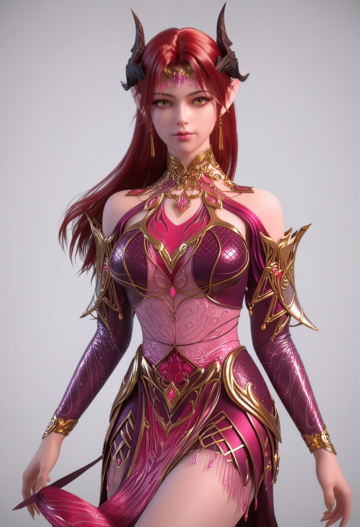 score_9,high detail,best quality,shiny skin,shiny,yaoyexun,1girl,solo,yellow eyes,red hair,long hair,jewelry,white background,pointy ears,horns,earrings,simple background,bare shoulders,breasts,dress,lips,closed mouth,armor,realistic,looking at viewer,thighs,<lora:QQSponyyaoyexunV1:0.8>,<lora:Pony_DetailV2.0:0.8>,<lora:皮肤凹痕:0.1>,
