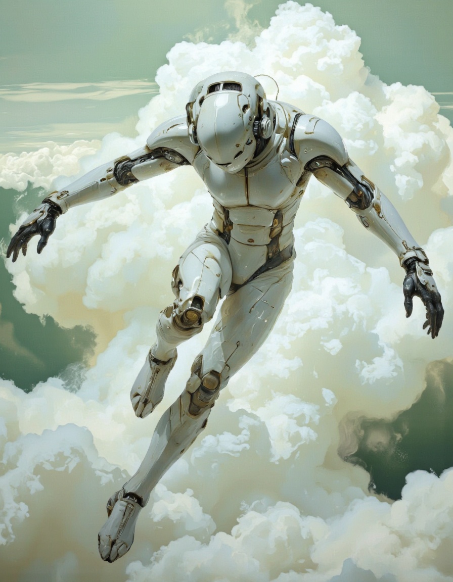 SentinelBot. This is a digital artwork featuring a futuristic,  robotic humanoid figure in mid-air,  seemingly floating am...