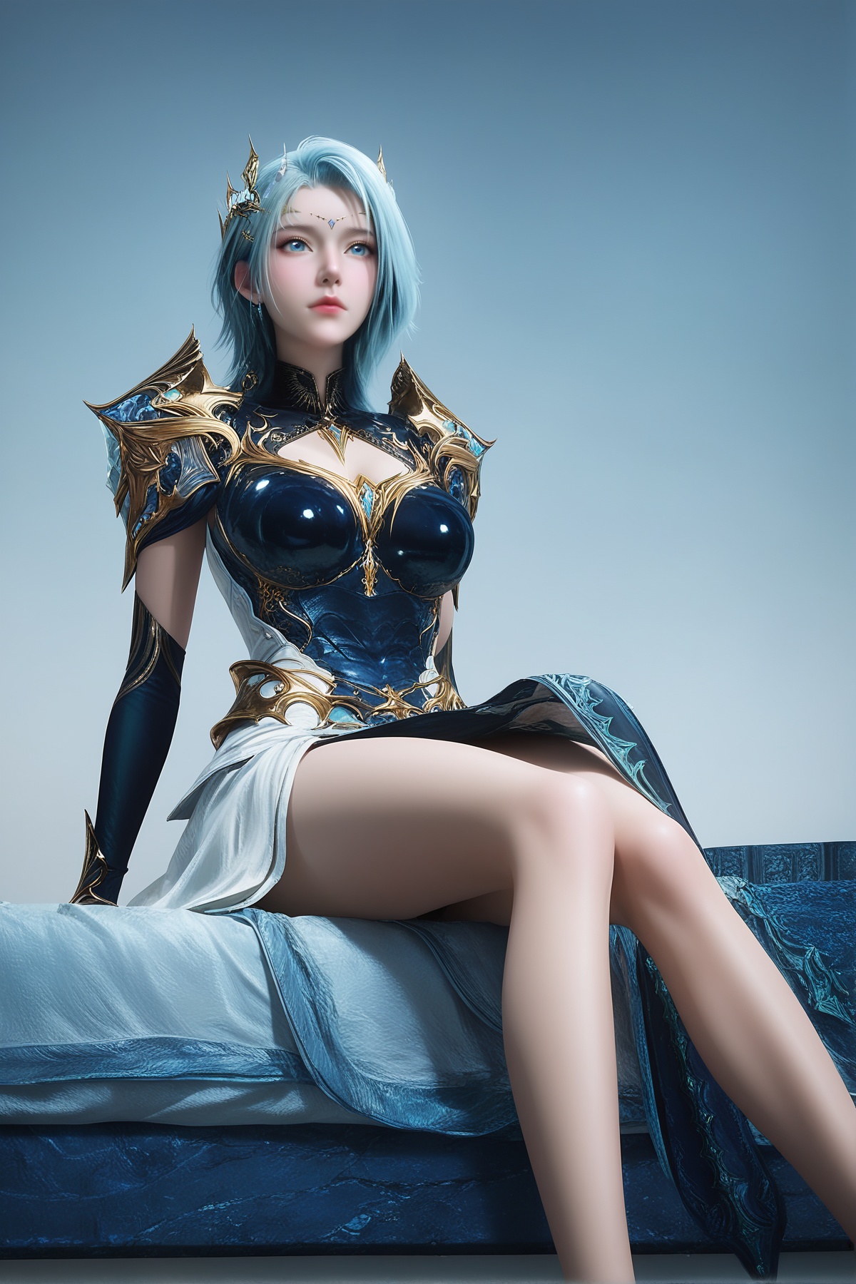 masterpiece,best quality,realistic,cinematic,detail eyes,(ultra-detailed),perfect composition,intricate details,absurdres,detailed face,high quality,high res,8K,<lora:X_bingdi_IL3.0:0.8>,1girl,long hair,breast,medium breast,hair_ornament,dress,blue hair,blue eyes,armor,bare_legs,sitting,bed,simple background,