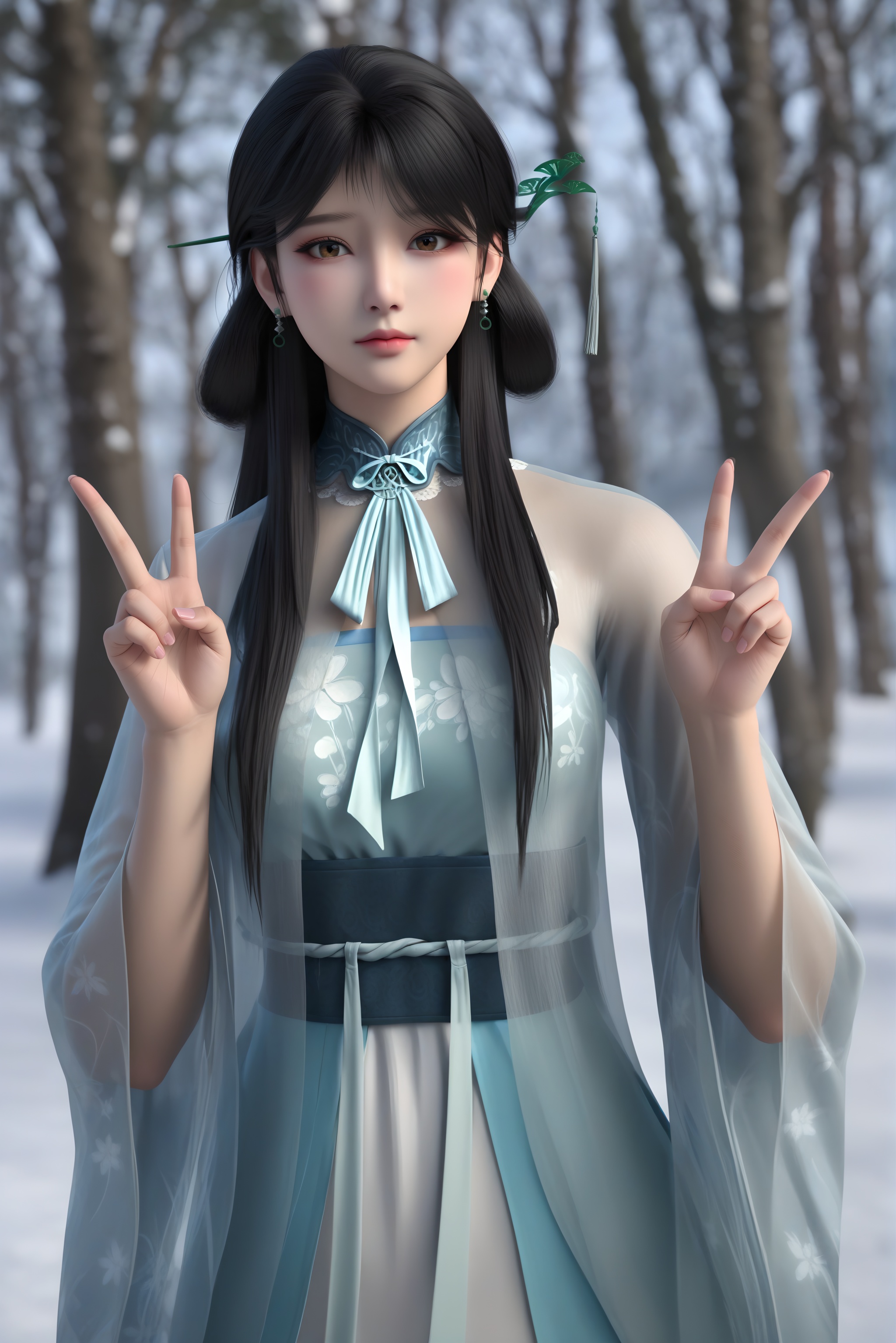 (score_9),collarbone,(narrow waist),(glamor:1.2),slender,<lora:钟秀pony-v2:0.83>,1girl,solo,zhongxiu,long hair,black hair,hairpin,tassel,dangling earrings,brown eyes,black_pupils,light blush,sheer overlay,mandarin collar,neck ribbon,light blue dress,wide sleeves,sash,green hairpin,ginkgo leaf design,lace trim,floral embroidery,silk,translucent fabric,embroidered pattern,layered,looking at viewer,(front view),cowboy shot,(double_v:1.1),BREAKin snow,Tyndall effect,available light,depth of field,tree,snowflakes,branch,twig,4K ultra HD,sharp focus,high detail,natural lighting,high contrast,