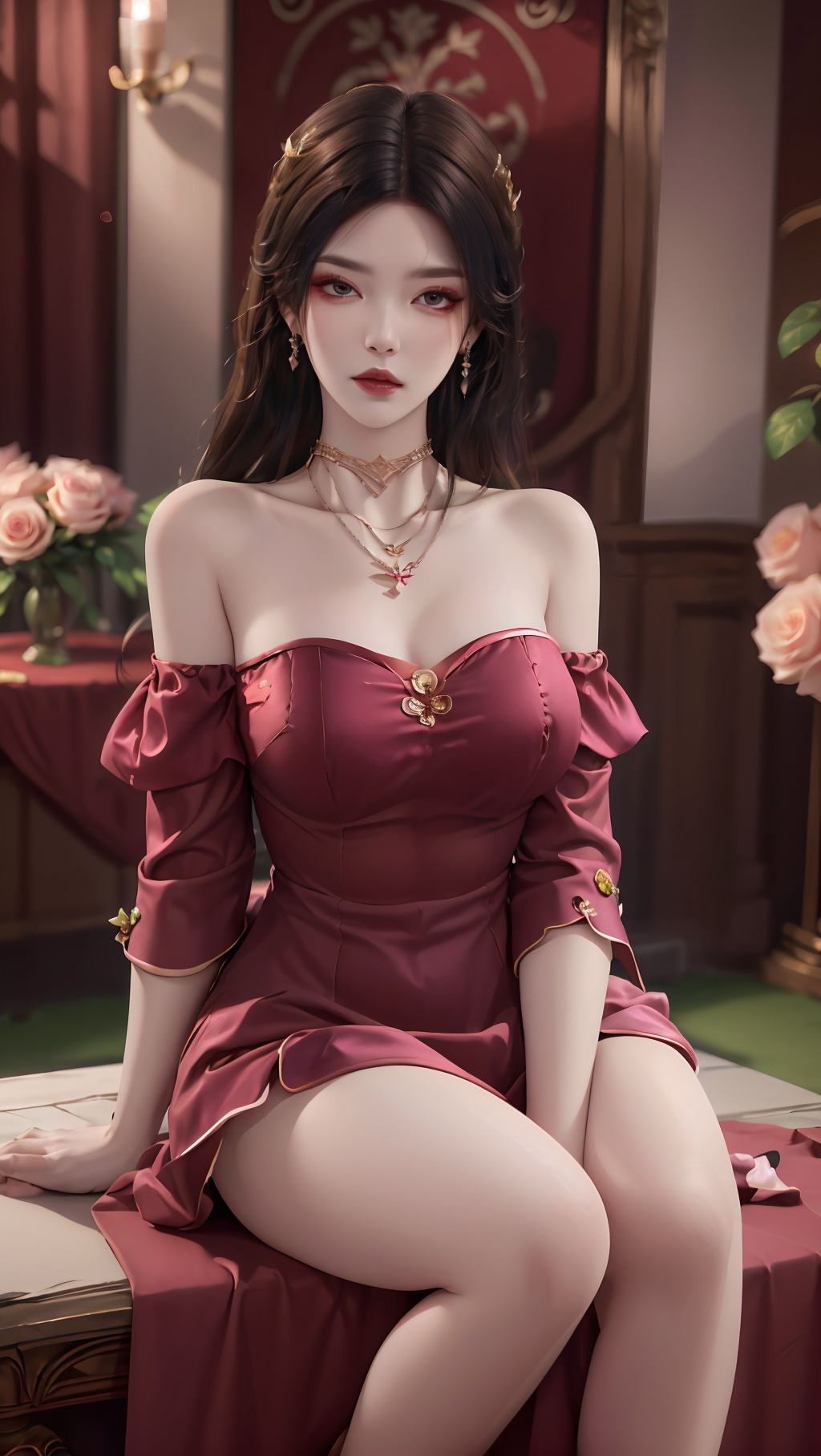 <lora:meidx:1>,1girl,dress,flower,solo,brown hair,pink dress,sitting,rose,plant,long hair,blurry,bare shoulders,pink flower,jewelry,pink rose,necklace,depth of field,off-shoulder dress,parted lips,off shoulder,breasts,looking at viewer,collarbone,lips,vines,strapless,princess,strapless dress,blurry foreground,full body,earrings,