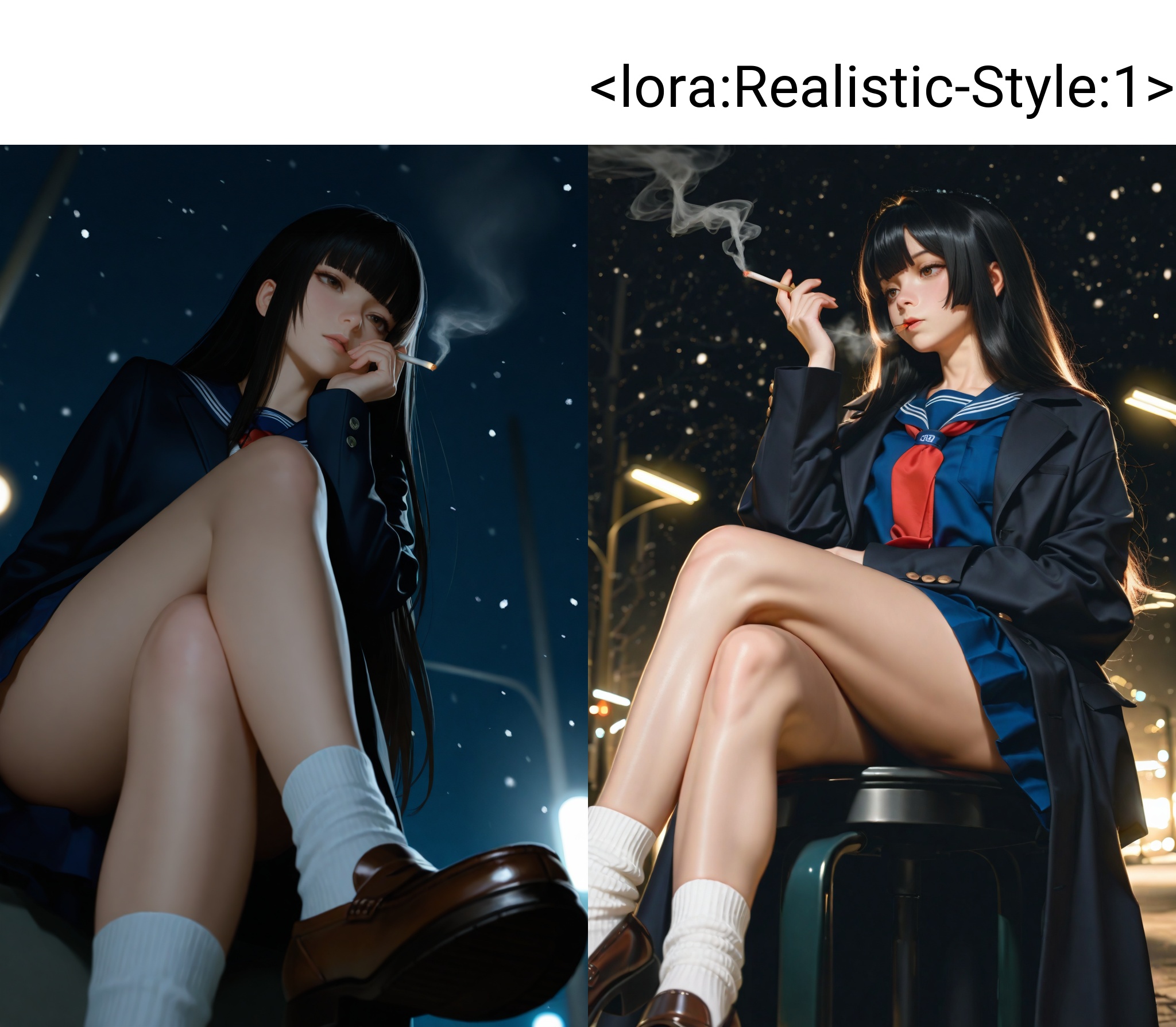highres,absurdres,Visual impact,masterpiece,best quality,very aesthetic,amazing quality,newest,(realistic:1.3),(reality:1.3),(chiaroscuro:1.3),volumetric lighting,cinematic lighting,Natural Light,Mood Lighting,ray tracing,\,(close-up:1.3),Focus on the face,1girl,solo,black hair,long hair,crossed bangs,blunt bangs,brown eyes,black school blazer,white shirt,red tie,blue serafuku,white sock,brown loafers,snowing,snow,street light,upper body,{leaning against the street light},{{{{{{{{{{dark environment}}}}}}}}}},{{{{{black background}}}}},{top light}smoke,smoking,black overcoat,from_below,crossed legs,