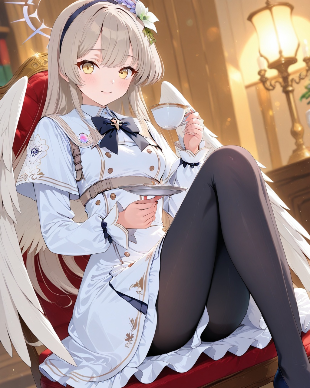 O,nagisa (blue archive),nagisa (blue archive),1girl, solo, long hair, cup, flower, halo, hair flower, teacup, hair ornament, wings, holding, sitting, looking at viewer, yellow eyes, very long hair, light brown hair, holding cup, white wings, pantyhose, bangs, saucer, long sleeves, feet out of frame, hairband, dress, plate, angel wings(UHD),anatomically correct,accurate,textured skin,super detail,high details,award winning,best quality,high quality,retina,HD,16k,1080P,