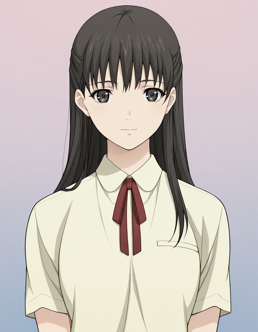 masterpiece, best quality, amazing quality, gradient background,1girl, looking at viewer, solo, upper body, straight-on, light smile,<lora:mio_fujieda-requiem_for_the_phantom_s1-ixl-anime-soralz:1>, mio fujieda (requiem for the phantom), long hair, half updo, single sidelock, black hair, black eyes, hair behind ear,school uniform, beige collared shirt, neck ribbon, short sleeves