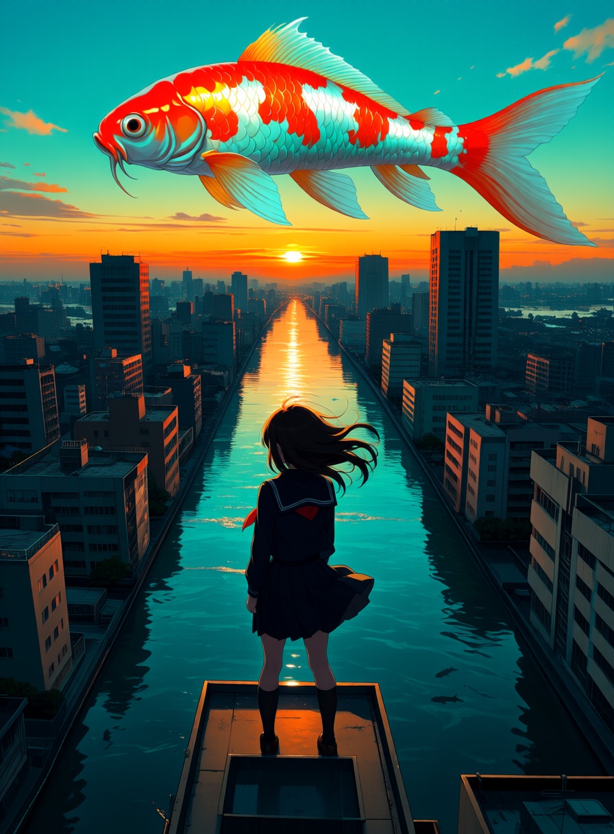 an anime schoolgirl standing on a rooftop above a flooded city,  enormous luminous koi fish swimming through the sky betwe...