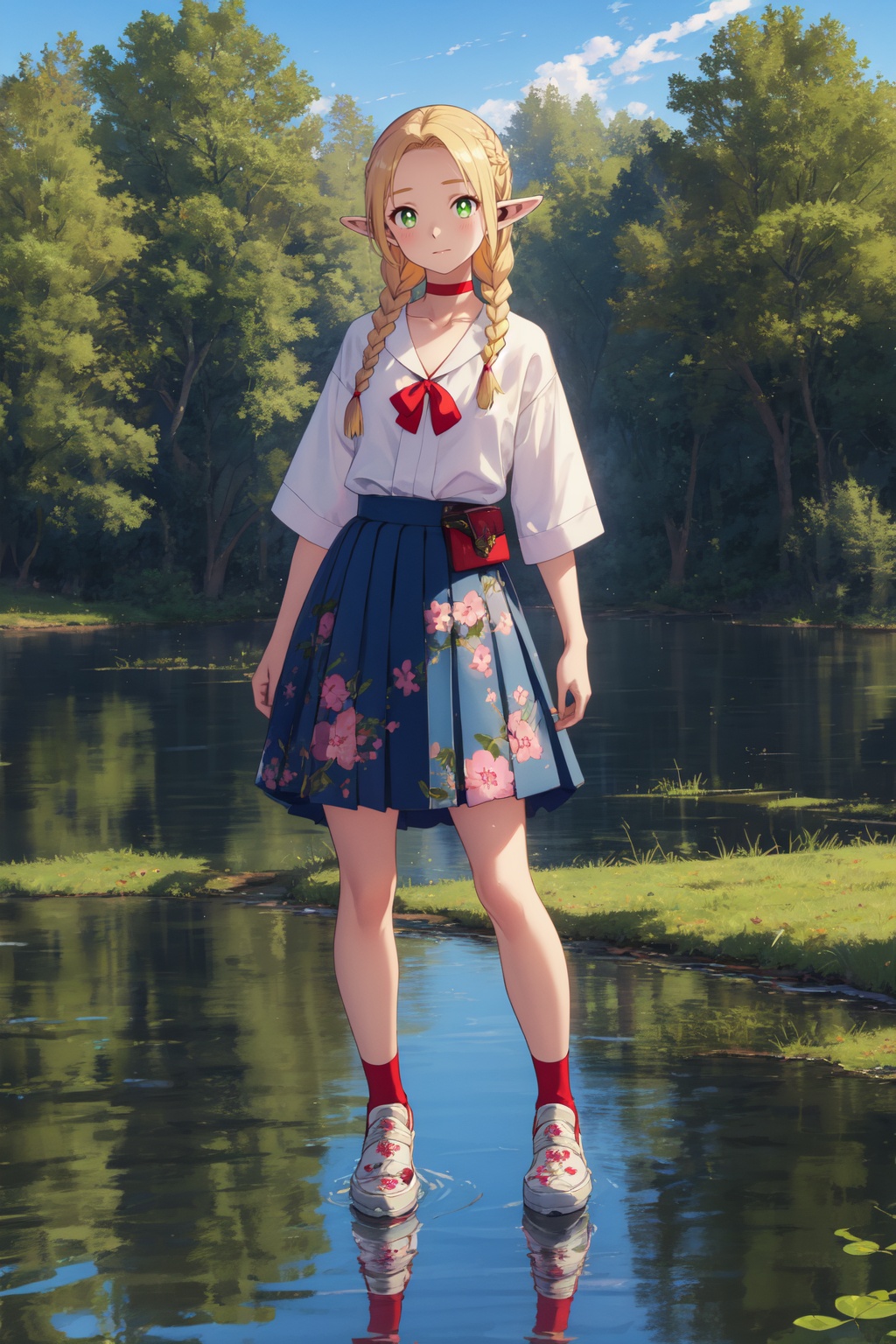 <lora:Marcille:0.7:lbw=midd>,marcille_cyql,1girl,looking at viewer,solo,elf,blonde hair,pointy ears,long hair,green eyes,braid,choker,twin braids,red choker,Oversized frilled shirt worn with a floral print pleated long skirt and platform sneakers,Passionate, A heated look, a flushed face, and a quickened breath.,portrait,beautiful face,beautiful eyes,glossy skin,shiny skin,Lake, Lakeside, Forest, Trees, Reflection, Serenity, Wildlife, Tranquility,(Cottage garden flowers, Evening glow, Twilight hues, Summer blooms, English countryside, Serene atmosphere:0.6),beautiful detailed sky,beautiful detailed glow,posing in front of a colorful and dynamic background,masterpiece,best quality,beautiful and aesthetic,contrapposto,female focus,wallpaper,fashion,