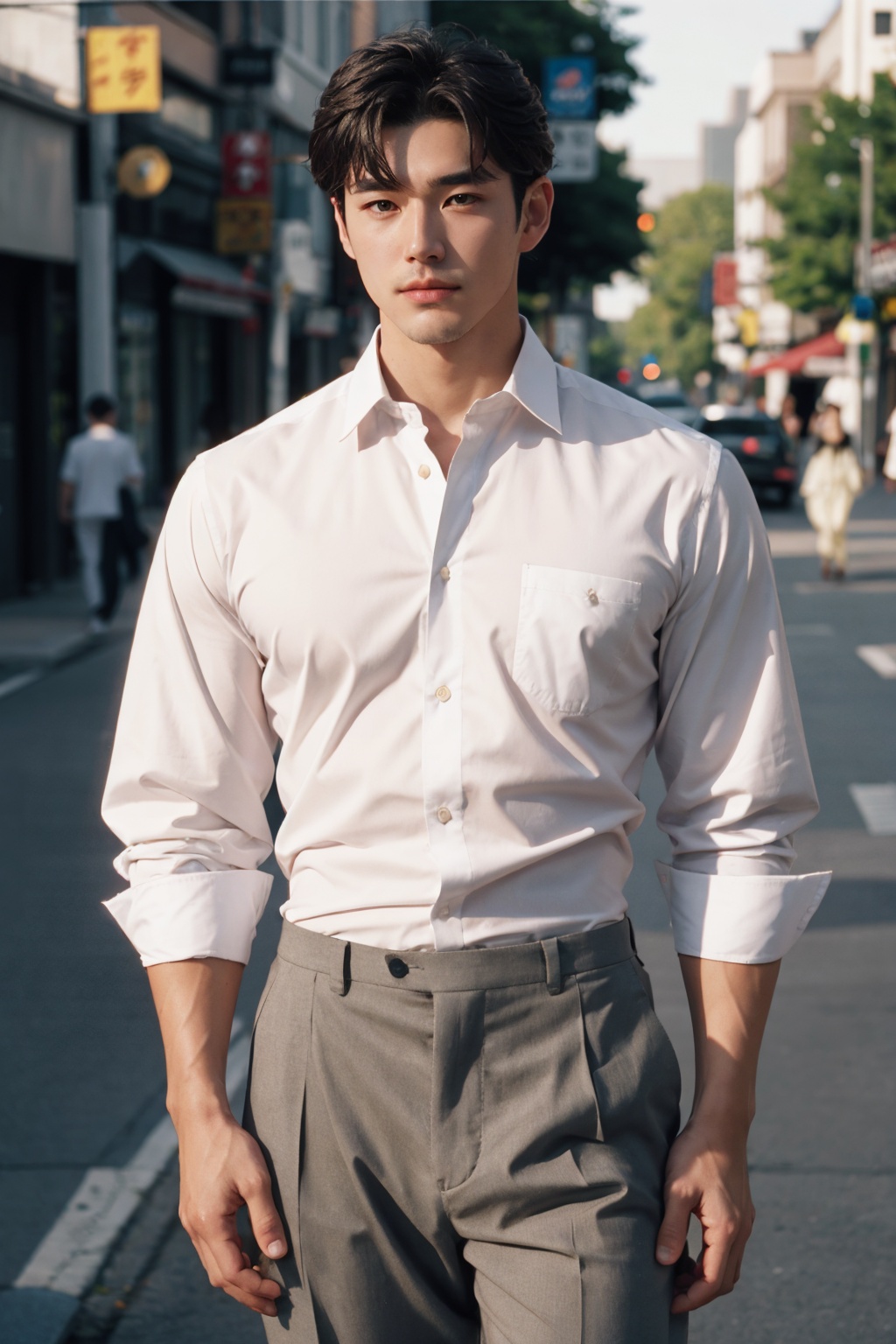 masterpiece,1 male,25 years old,Look at me,Korean male,Short hair,Muscular development,Pectoralis major,Collared shirt,Trousers,Outdoor,Realism,textured skin,super detail,best quality,Film Grain,
