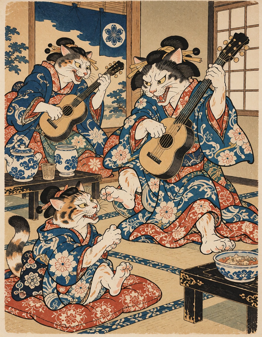group of mischievous cats dressed as townspeople performing music and dancing inside a teahouse,  humorous anthropomorphic...