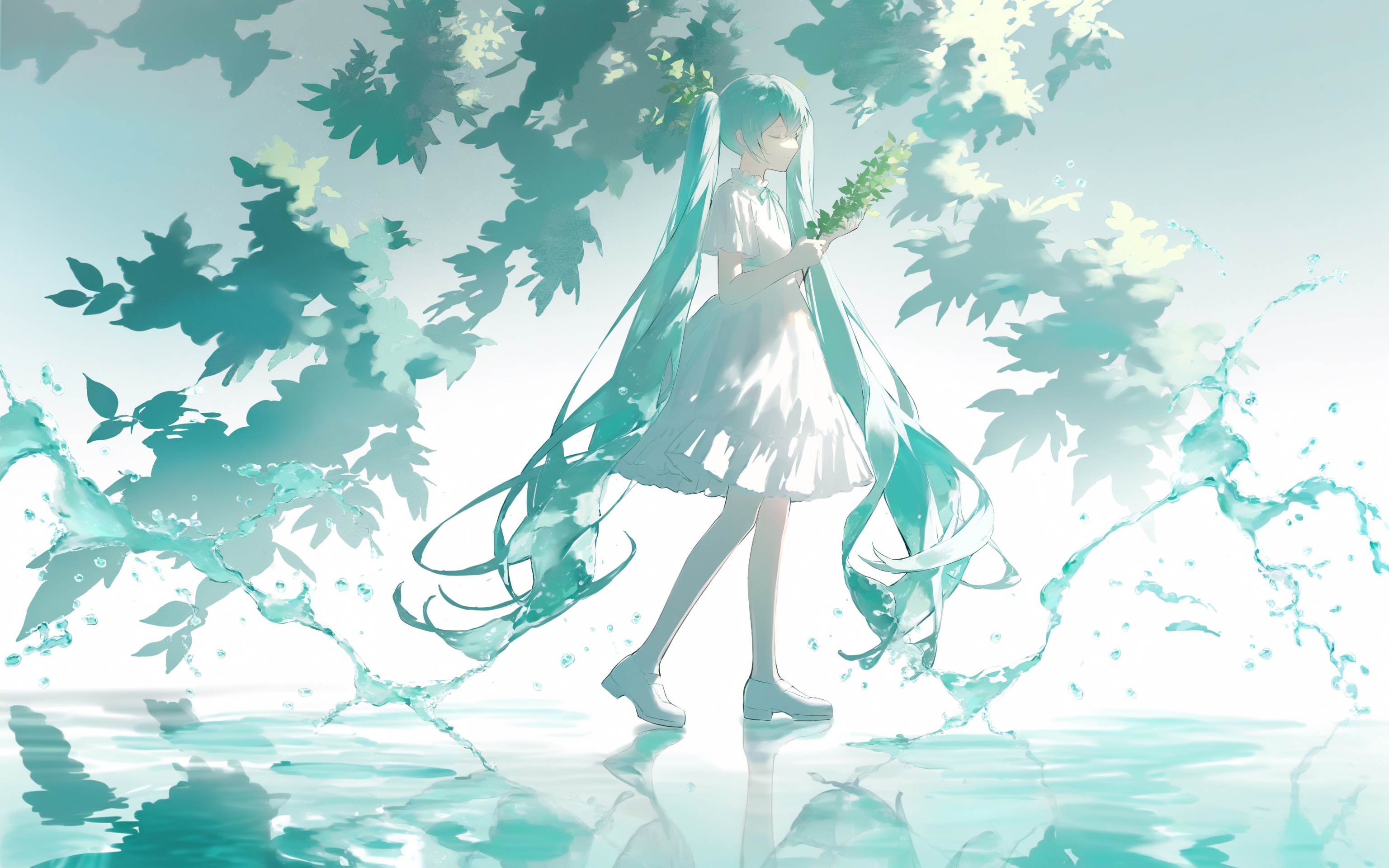 1girl,long hair,hatsune miku,solo,dress,closed eyes,very long hair,white dress,holding,reflection,twintails,standing,full body,water,aqua hair,leaf,white footwear,neck ribbon,short sleeves,