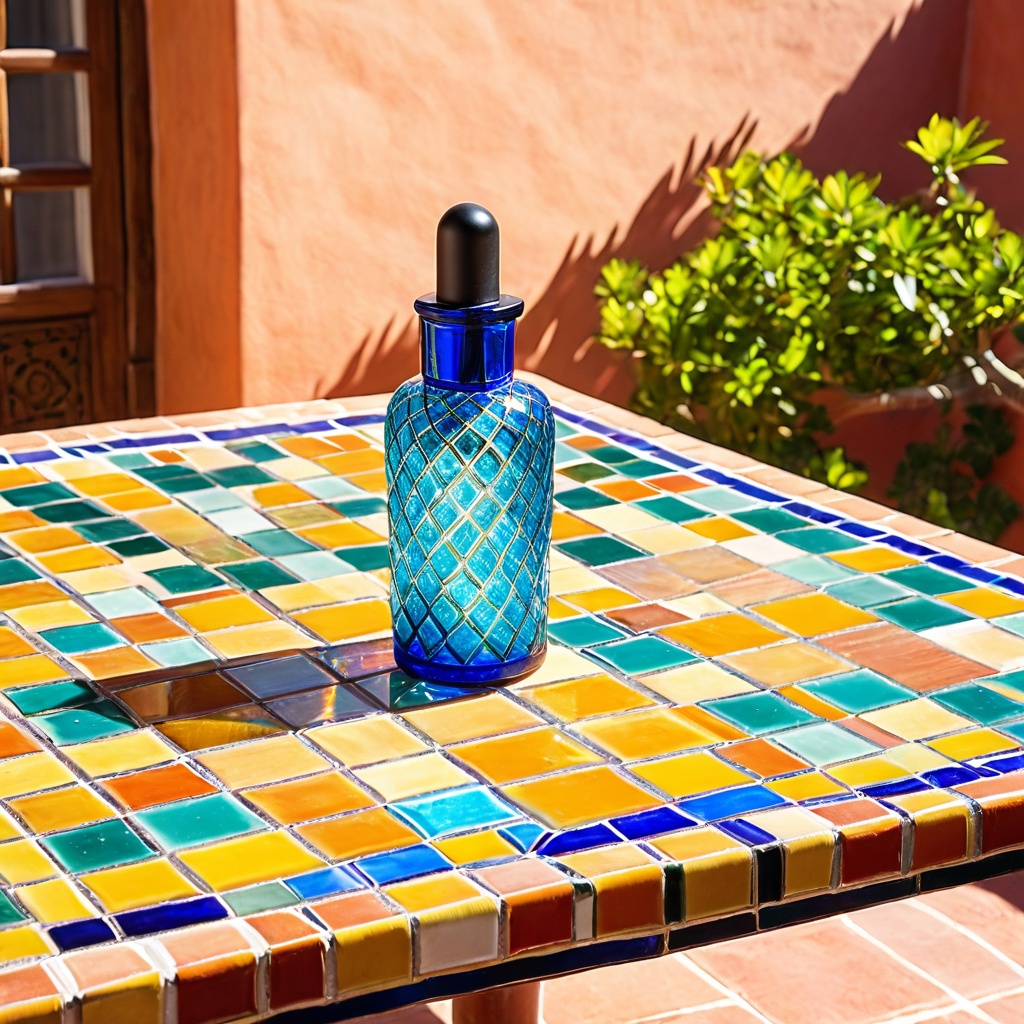 scenemexictiled,  a glass skincare bottle,  colorful Mexican tiled courtyard table on Tensor.Art