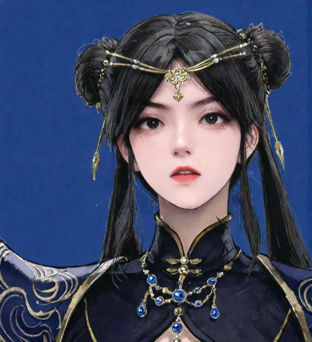 ((very awa)),solo,highly detailed,(best quality),((masterpiece)),1girl,<lora:鸽正则nbXL:0.3>,ge,chi,<lora:chi正则100nbXL:0.8>,painting \(medium\),large breasts,<lora:李少英nbXL:0.8>,lishaoying,black hair,hair bun,double bun,simple background,
