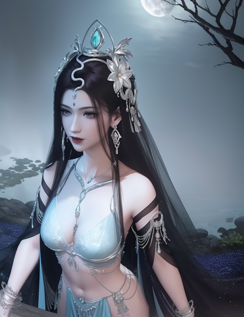 ultra realistic 8k cg, picture-perfect face, flawless, clean, masterpiece, professional artwork, famous artwork, cinematic lighting, cinematic bloom, perfect face, beautiful face, fantasy, dreamlike, unreal, science fiction , beautiful clothes, lace, lace trim, lace-trimmed legwear,  (rich:1.4), prestige, luxury, jewelry, diamond, gold, pearl, gem, sapphire, ruby, emerald, intricate detail, delicate pattern, charming, alluring, seductive, erotic, enchanting, hair ornament, necklace, earrings, bracelet, armlet,halo((,1girl, pov,))  (((1girl, solo,,, large breasts,  night,full moon,looking_at_viewer , wilted flower, bare tree,  1girl, lamia,  upper body, solo, , body horror, )))    <lora:DA_NSH_XLZH:0.7>