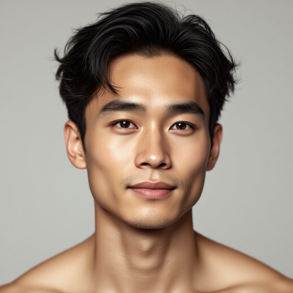 A surreal close-up portrait of a 20-year-old man looking straight into the camera with a calm and confident expression. Smooth skin,clean skin. The background is neutral and fully focused on his upper body.. ***** in a professional studio using Hasselblad H6D-100c,100mm f/2.2 lens,high-end editing photography,clear details,and soft directional lighting to enhance skin texture.,
