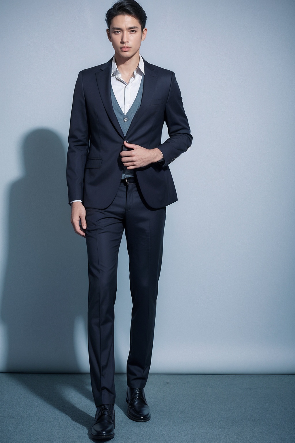(1man:1.4),(male:1.2),(full body:1.2),(Collared shirt and blazer and suit trousers:1.4),<lora:Male_2:0.8>,
