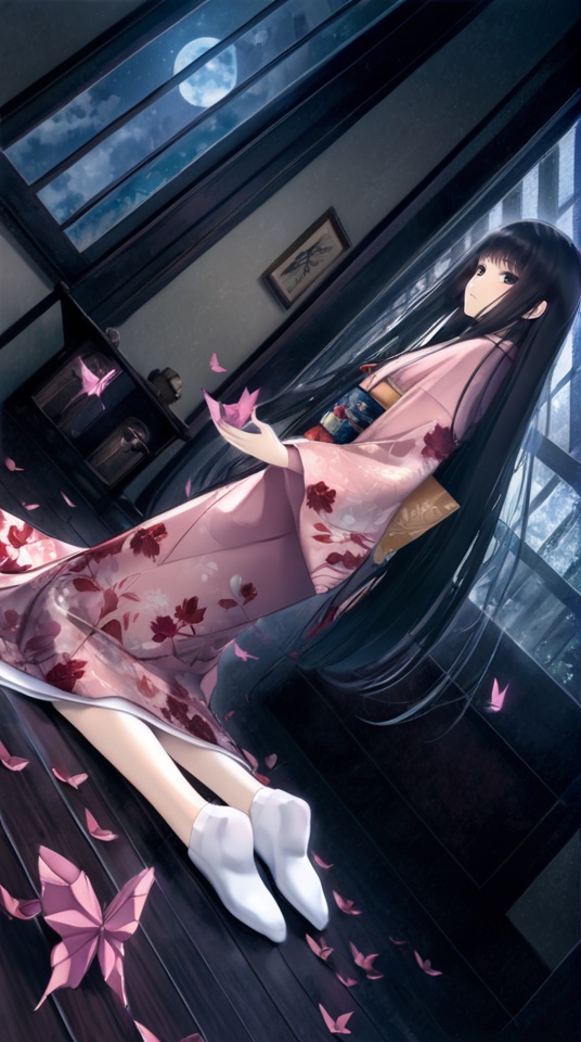 (best quality), ((masterpiece)), (highres), illustration, original, extremely detailed,   <lora:黑暗物语葬の花:0.7>origami, paper crane, 1girl, japanese clothes, solo, long hair, kimono, black hair, dutch angle, sash, floral print, very long hair, tabi, obi, bangs, indoors, night, socks, kneeling, white socks, bug, leaf print, wooden floor, sliding doors, long sleeves, holding, straight hair, full body, parted bangs, black eyes, no shoes, on floor, wide sleeves, butterfly, print kimono, looking at viewer