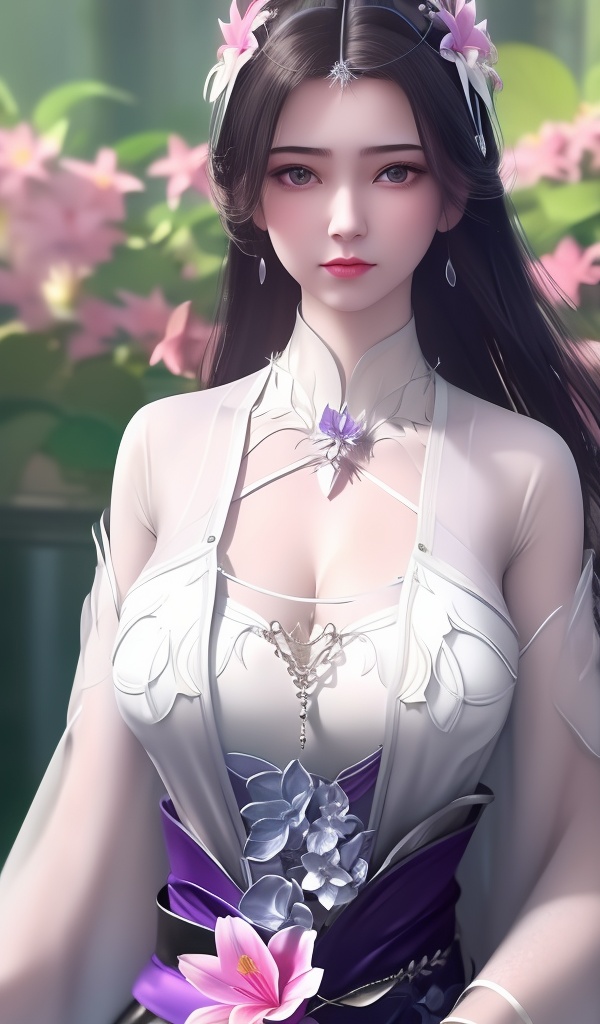 <lora:607-DA-仙逆-李慕婉-**:0.8>(,1girl, ,best quality, ),looking at viewer,  ,ultra detailed 8k cg,ultra detailed background,ultra realistic 8k cg,1girl, solo,(bare shoulders:0.85),(masterpiece, best quality),((oil painting style)),sexy young lady,(beautiful face and eyes),(upper body:1.5),(whole body:1.05),(single person:1.2),surrounded by flowers, (lily), roses, floret, vegetation, white, purple, purplish pink,Impressionism,colorful,(Breast size:1.3),(cleavage),