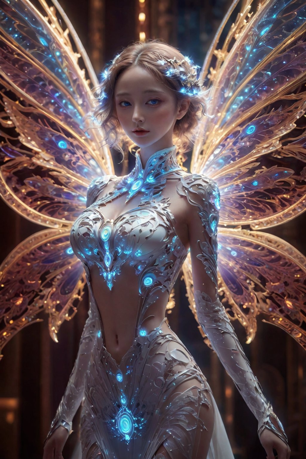 Masterpiece,high quality,(1girl),White skin,(Ultra detailed:1.5),Intricate details,(Fractal art:1.2),rich colors,Highest detailed,idol level celebrity,Perky breasts,(a girl made up of light:1.5),(Translucent luminous body:1.5),(Perfect female body:1.4),(Ultra high res:1.4),Looking at viewer,stage,(Medium Long View:1.2),Unreal Engine 5 rendering,wings,<lora:lora:0.8>,