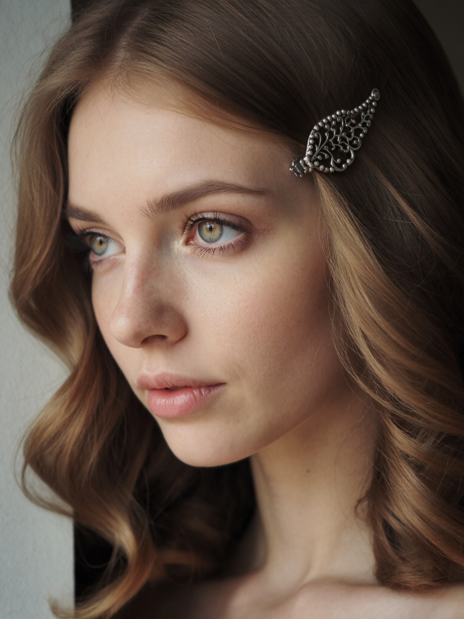 Sean Archer style,  extreme close-up of a girl with a silver hair clip,  porcelain skin with real texture on Tensor.Art