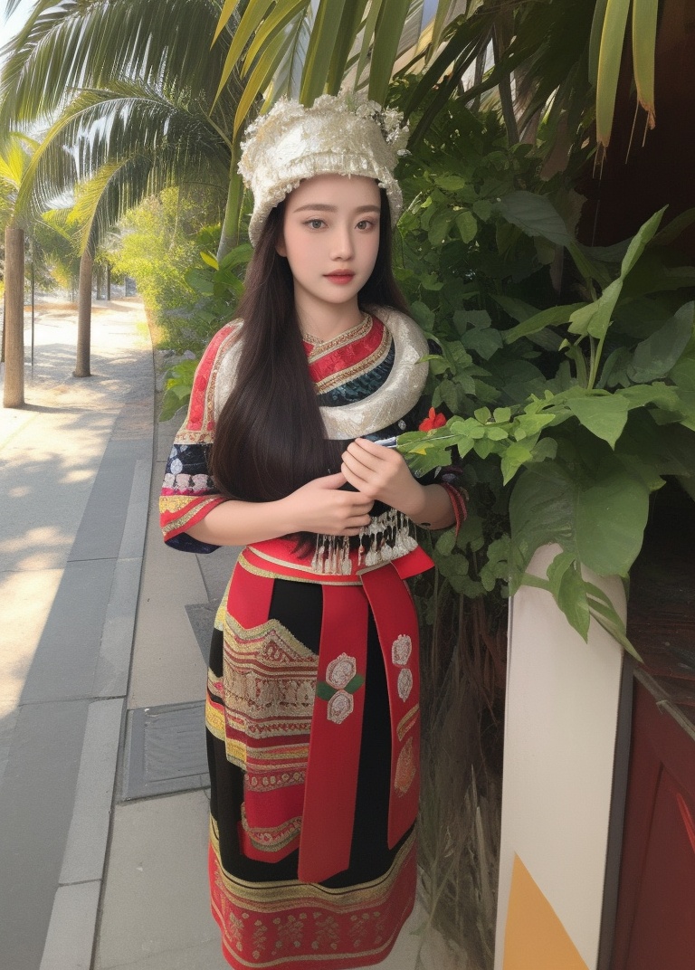 (masterpiece, best quality:1.4),finely detailed,1girl,solo,standing,dress,ethnic attire,hat,jewelry,skirt,outdoors,beach,palm_tree,<lora:海南黎苗族少女黎夏01 :0.8>,