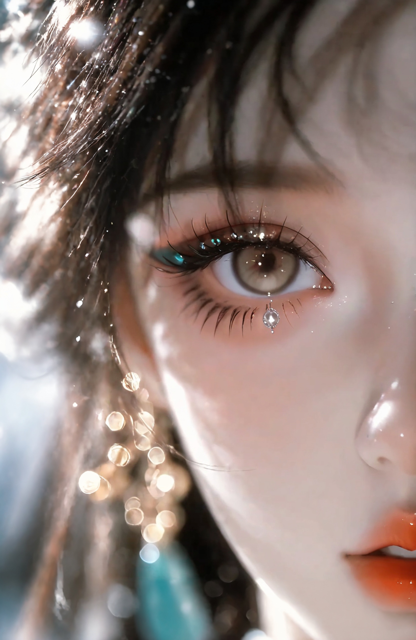 A close-up,  eye-level shot of a woman's face,  adorned with a white face and a black wig. The woman's eyes are a piercing...