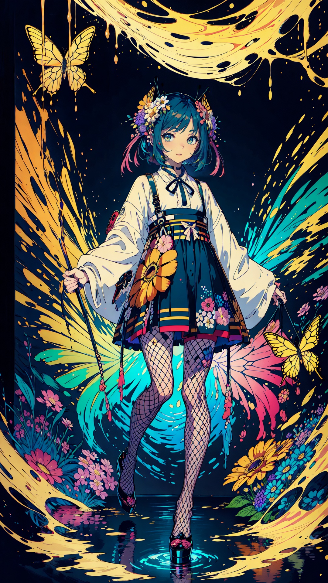 fishnet  pantyhose,high heels,(masterpiece:1.1),(highest quality:1.1),(HDR:1),ambient light,ultra-high quality,( ultra detailed original illustration),(1girl, full body),((harajuku fashion)),((flowers with human eyes, flower eyes)),double exposure,fusion of fluid abstract art,glitch,(original illustration composition),(fusion of limited color, maximalism artstyle, geometric artstyle, butterflies, junk art),<lora:merged_0013:0.6>,