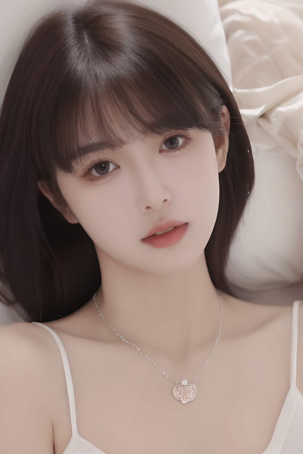 1girl,solo,lying,brown hair,necklace,realistic,looking at viewer,on back,black eyes,jewelry,lips,hand on own chest,black hair,parted lips,blurryt,<lora:sifang_20231118123505:0.7>, 