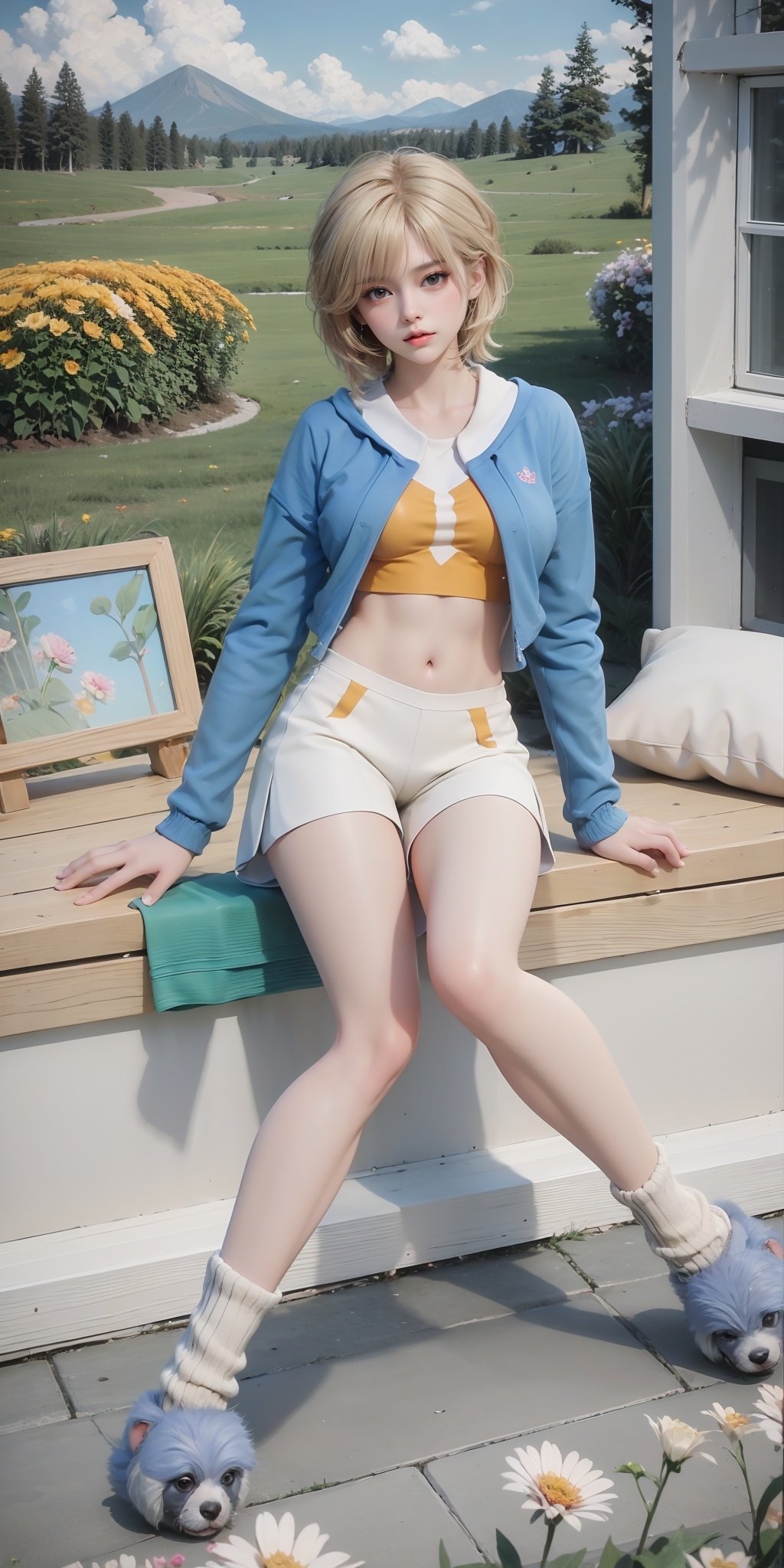<lora:JXM_20240206203658-000006:0.75>,JXM,1girl,solo,blonde hair,navel,blue eyes,midriff,crop top,white shorts,long sleeves,slippers,looking at viewer,shirt,blue shirt,sportswear,jacket,roller skates,socks,short shorts,animal slippers,outdoors,scenery,flower,tree,sky,cloud,day,grass,field,pink flower,blue sky,nature,cloudy sky,white flower,landscape,yellow flower,mountainous horizon,<lora:MHB:0.2>,, (raw photo:1.2),((photorealistic:1.4))best quality,masterpiece,illustration,an extremely delicate and beautiful,extremely detailed,CG,unity,8k wallpaper,Amazing,finely detail,masterpiece,best quality,official art,extremely detailed CG unity 8k wallpaper,absurdres,incredibly absurdres,huge filesize,ultra-detailed,highres,extremely detailed,beautiful detailed girl,cinematic lighting,1girl,pale skin,tall female,(perfect body shape),skinny body,Slender legs,, pale skin,tall man,long legs,thin leg,