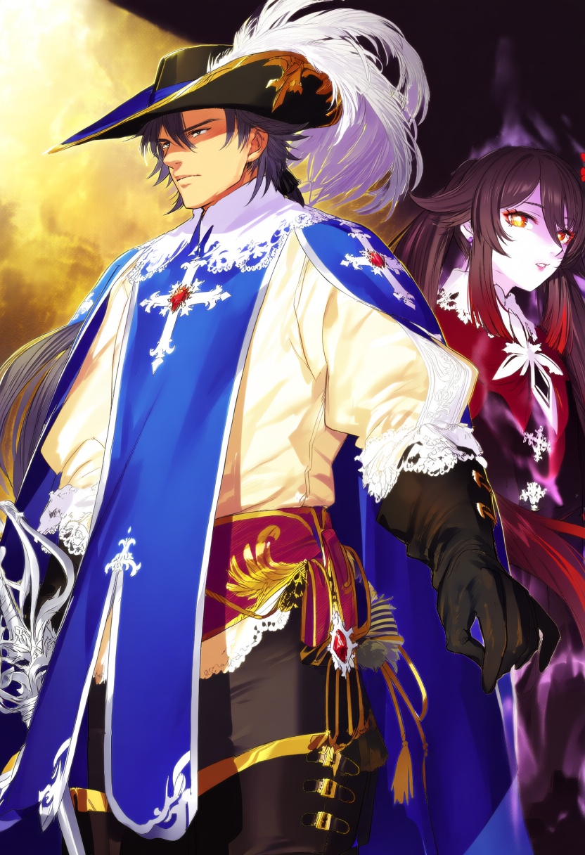 @cibo \(killy\). A heroic dual portrait composition positions a musketeer and Hu Tao from Genshin Impact as powerful partn...