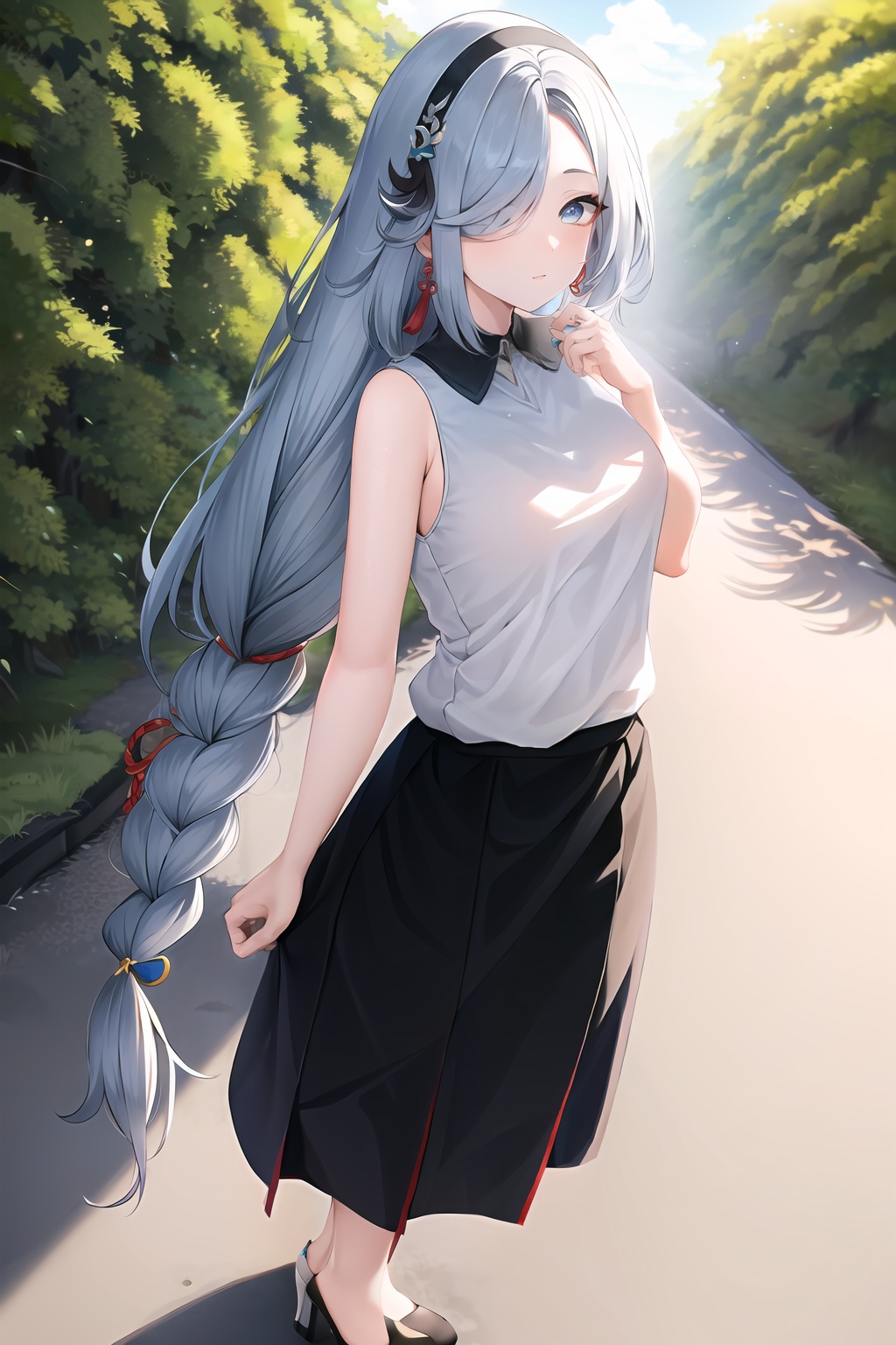 (masterpiece, best quality:1.2),insanely detailed,absurdres,ultra-highres,ultra-detailed,best quality,slender,kawaii,perfect symmetrical face,ultra cute girl,ultra cute face,ultra detailed eyes,ultra cute,ultra beautifu,<lora:shenheh-000001:1>,shenhe\(heytea\),shenhe \(genshin impact\),1girl,solo,hair over one eye,long hair,braid,sleeveless,earrings,black skirt,alternate costume,long skirt,breasts,grey hair,shirt,sleeveless shirt,white shirt,high heels,tassel earrings,outdoors,multicolored eyes,hairband,