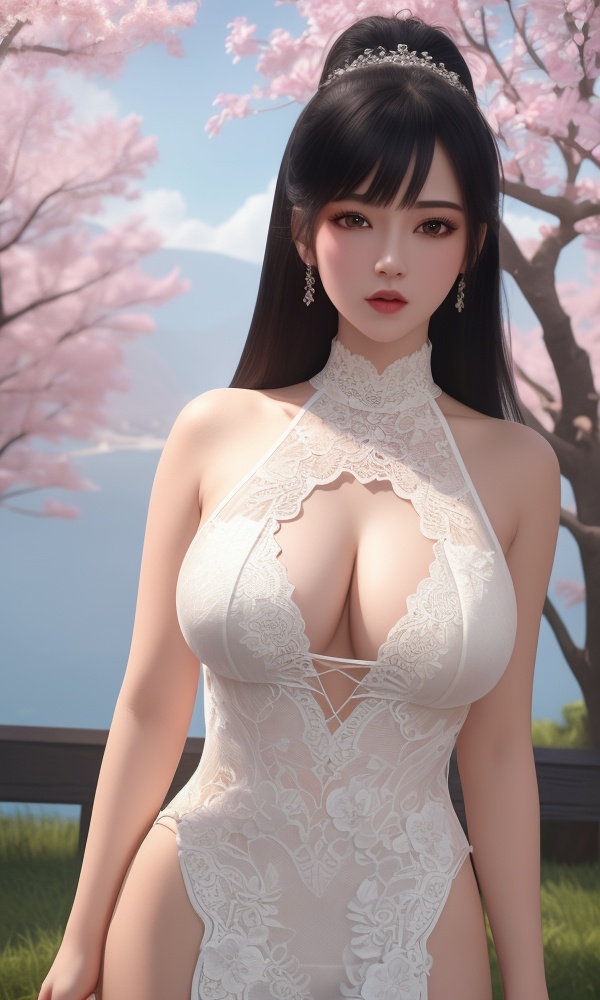 (,1girl, ,best quality, ),looking at viewer, <lora:418-DA-百炼成神-莫雨馨:0.8> ,, ultra detailed background,ultra detailed background,ultra realistic 8k cg,,masterpiece, (( , )), fiction,mole,  ,     ,see-through, lace, (cleavage),(((, solo, sun, , bare_tree, ))) 1girl, , , depth_of_field, solo, , ,