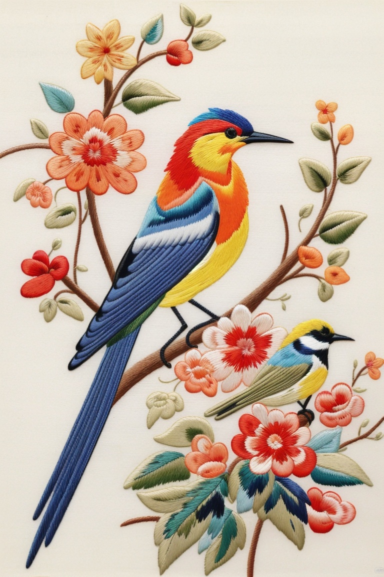 ((HRD, HUD, 8K)),((masterpiece, best quality)), highly detailed,Embroidery, no humans, bird, traditional media, flower, animal focus, branch, realistic, simple background, orange flower, painting (medium), leaf, red flower, animal,  <lora:20240520-1716211516835:0.8>