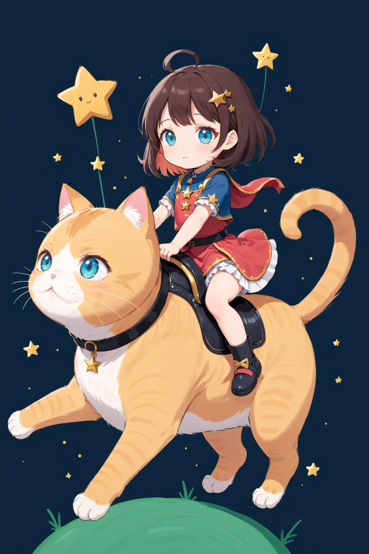 flat color,  chibi,  girl riding giant cat on Tensor.Art