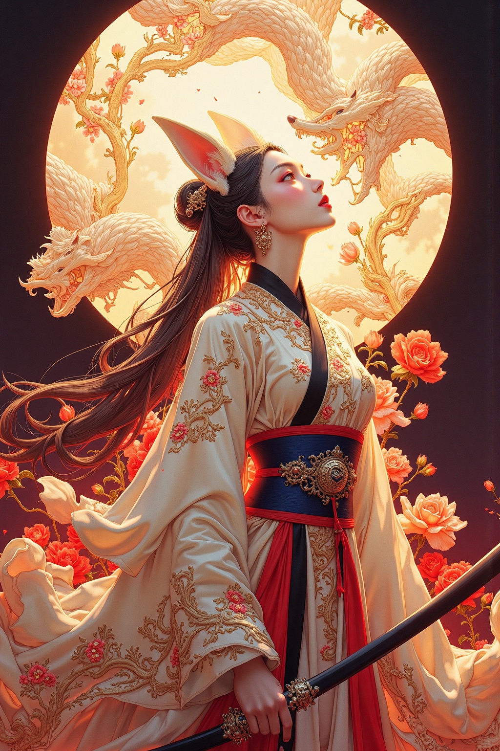 chahua,XUER martial arts style,(Masterpiece, high quality, best quality, official art, beautiful and aesthetic:1.2),(single girl),(extremely detailed),(fractal art:1.3),(colorful),(highest detail),(flowers),(profile),(looking up),(warm light),(artistic),hanfu,tang style outfits,<lora:hanfuTang_v32:0.7>,red lips,lipstick,kitsune,transformed into human form,mythological figure,two fox ears,huxian,