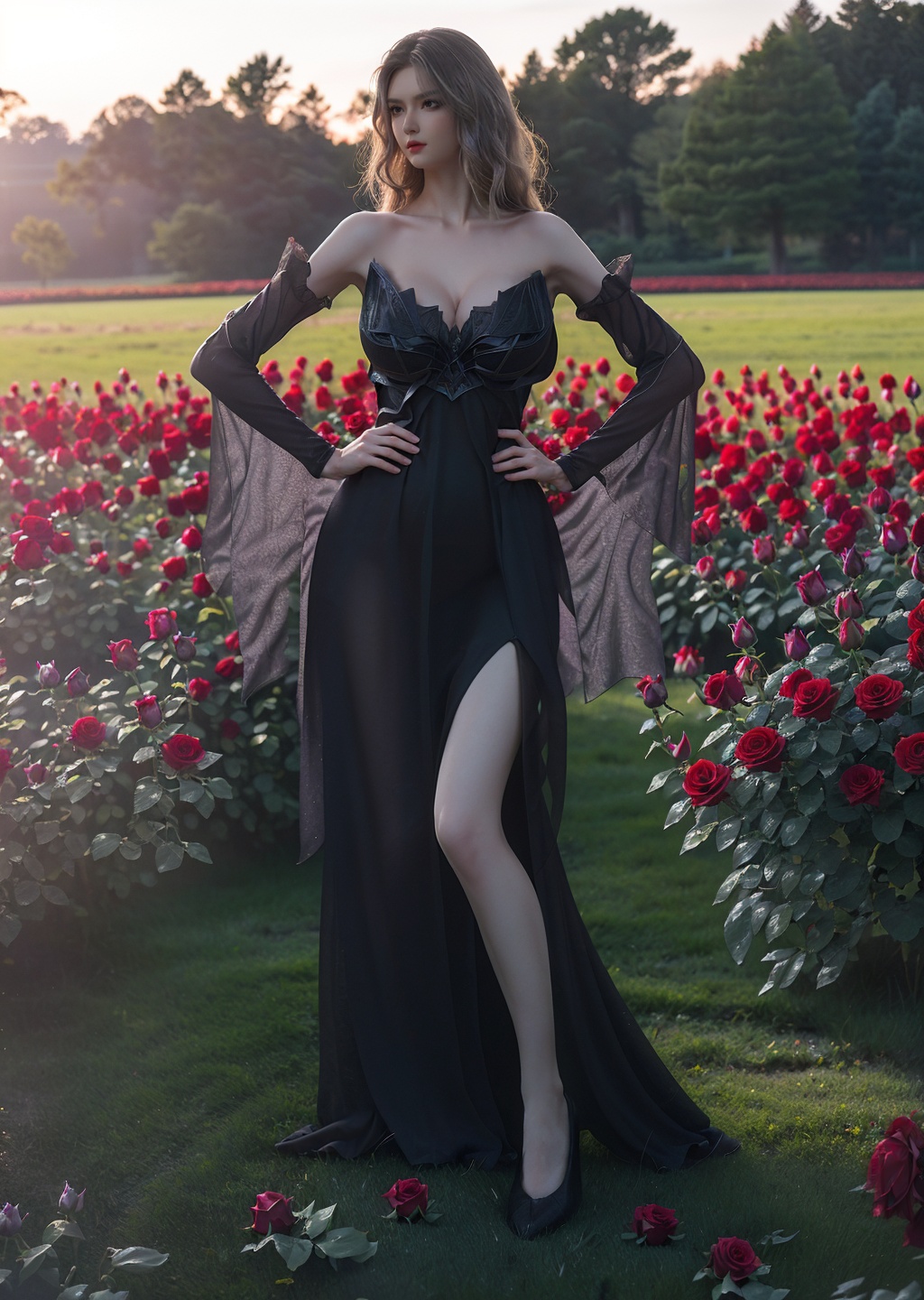 1girl,solo,white long hair,makeup,lipstick,((gigantic breasts:1.3)),black dress,high heels,hands on own hips,outdoors,((rose field)),day,((glowing)),foreshortening,depth of field,Highly detailed,(ultra-detailed),(best quality:1.5,masterpiece:1.5),<lora:softlight-000010:1:lbw=TEST>,<lora:xiaoyixian:0.85>,<lora:服装增减:-0.5>,