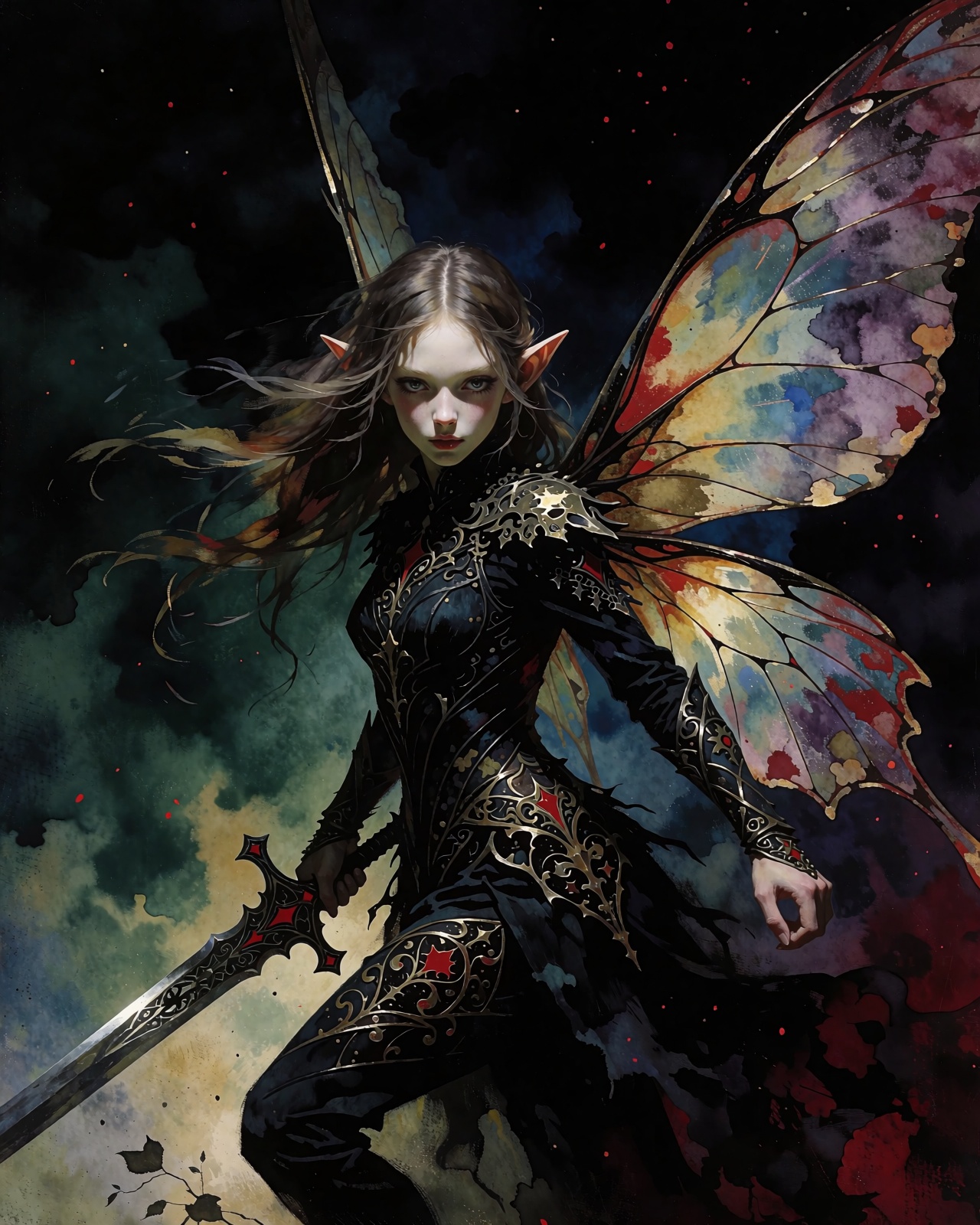 ZeroStress. A mid range shot,  moody,  fantastical. A whimsical yet haunting fairy with stunning facial features and a sli...