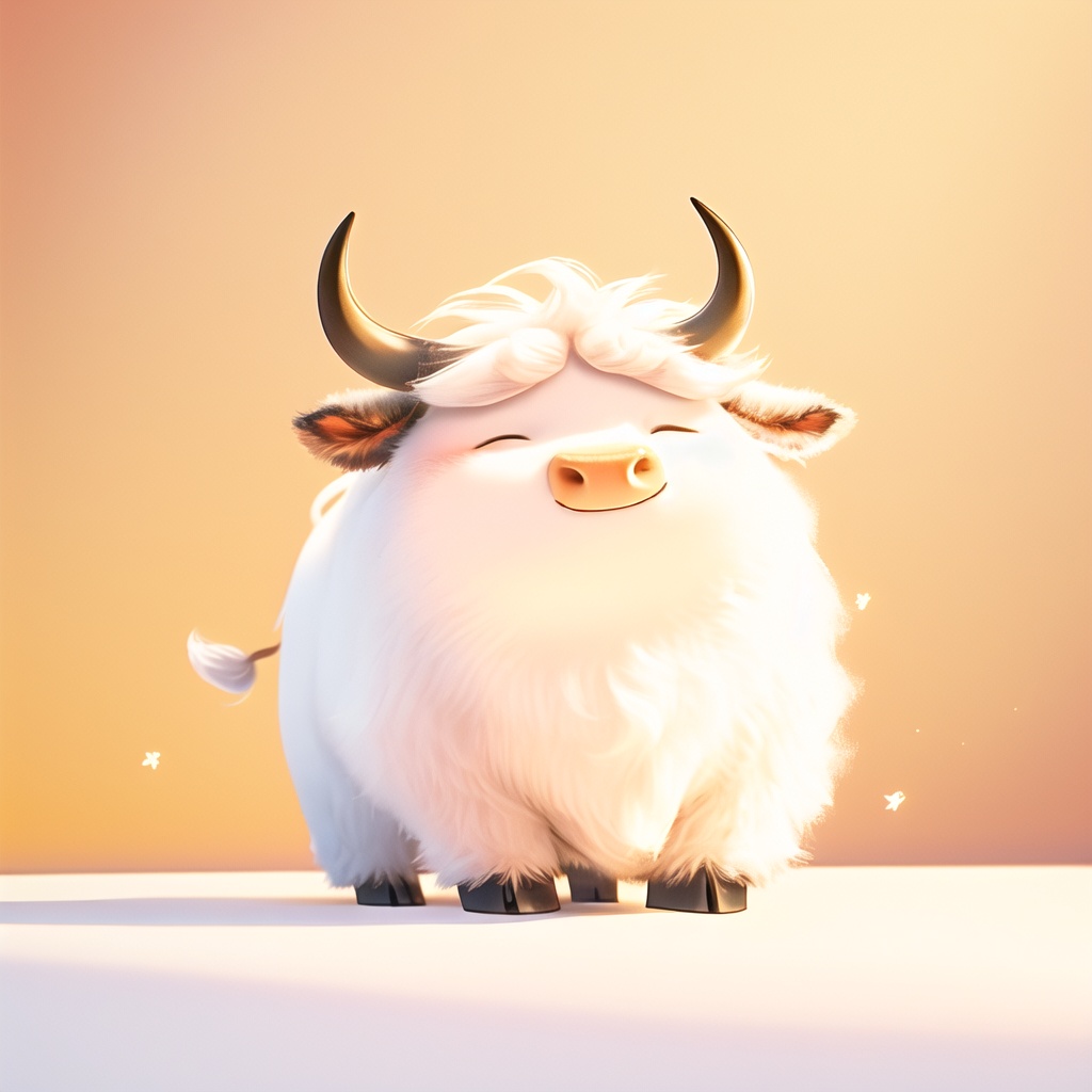 chouniu,cow,soft lighting,^ ^,cc-color-correction,whimsy and dramatic lighting,white fur,warm colors,mf-movie-filter,cute,no humans,solo,closed eyes,fluffy,full body,cow focus,horns,cow tail,standing,orange background,facing viewer,closed mouth,tail,cow horns,simple background,<lora:chouniu:0.8>,