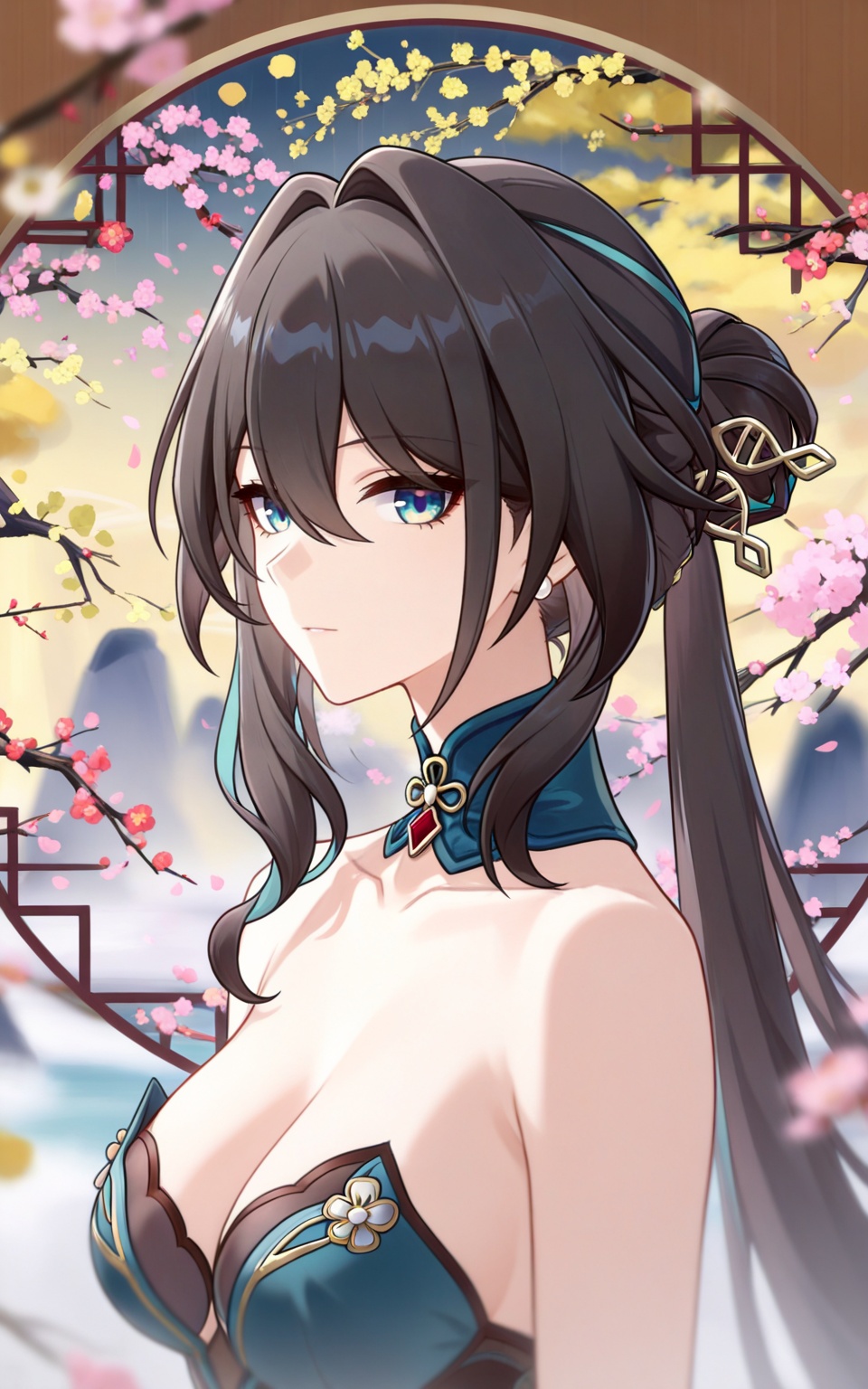 depth of field,masterpiece,best quality,very aesthetic,alternate costume,alternate costume,2024,2023,perfect composition,ultra-detailed,extreme aesthetic,masterpiece,best quality,good quality,newest,year 2024,year 2023,very aesthetic,absurdres,looking_at_viewer,colorful,upper_body,<lora:阮梅·衣服百搭款ILL:0.8>,ruan mei \(honkai: star rail\),black hair,long hair,multicolored hair,streaked hair,green hair,aqua eyes,blue eyes,hair_ornament,earrings,