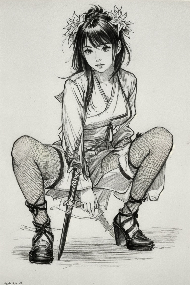 ((HRD, HUD, 8K)),((masterpiece, best quality)), highly detailed, soft light,Sketch, 1girl, solo, monochrome, weapon, fishnets, greyscale, squatting, kunai, traditional media, sword, hair ornament, looking at viewer, flower, hair flower, sketch, fishnet thighhighs,  <lora:20240413-1712999239990:0.8>