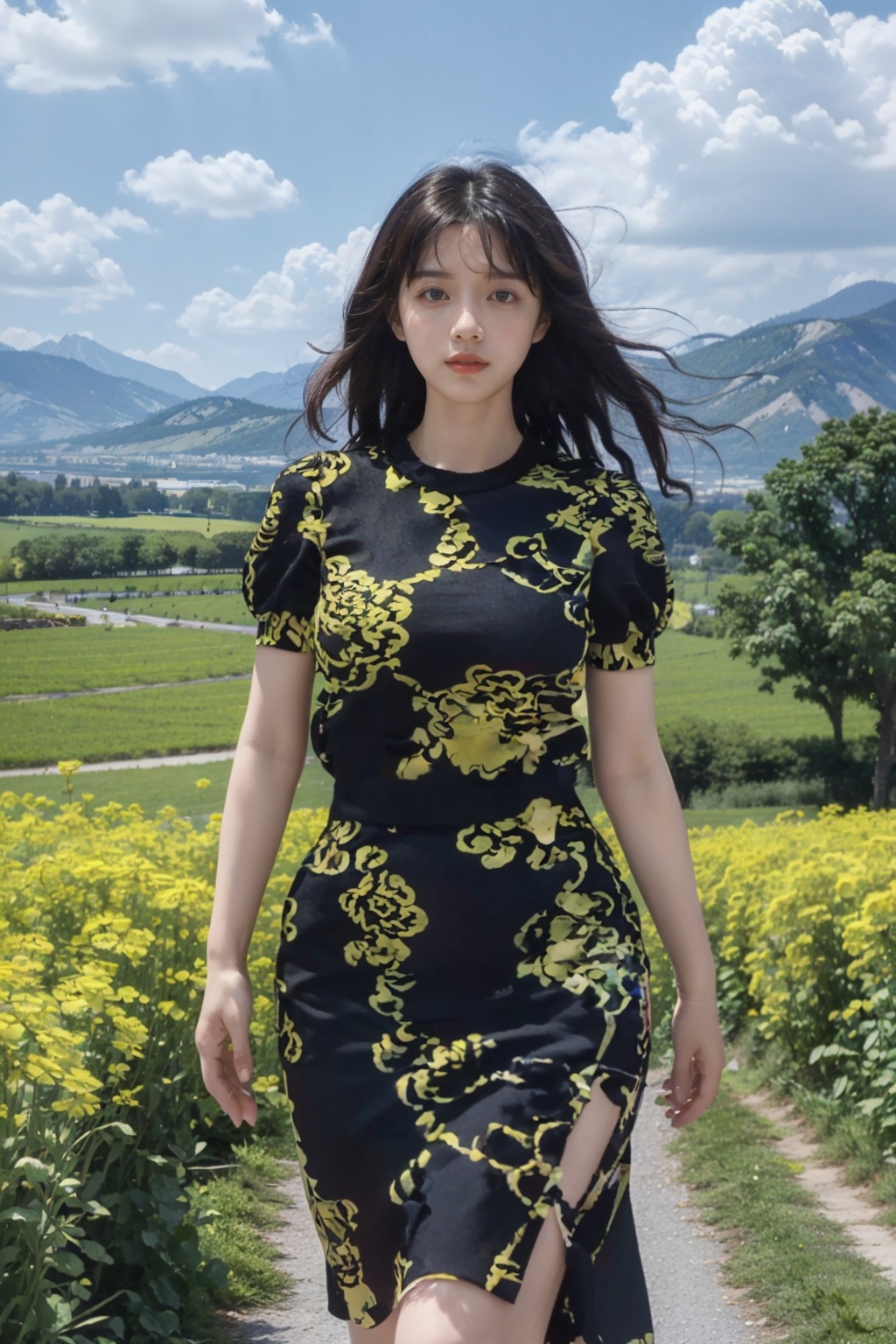 Realistic,masterpiece,best quality,8K,HDR,RAW,1girl,((solo)),(Spring scenery, mountains in the distance, beautiful clouds, rape flower fields),(standing),large breasts,Looking at the audience,<lora:add_detail:0.6>,<lora:GoodHands-beta2:1>,<lora:ENNE 黑底印花连衣裙_v10:1>,china dress,short sleeves,black dress,printed dress,