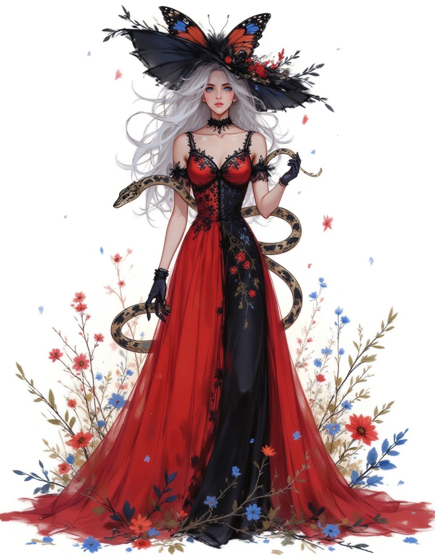 A digital illustration shoot from a frontal camera angle about a seductive woman in a long, flowing red and black gown adorned with floral patterns, holding a snake in her hand. the image also shows a woman standing in a field of flowers, wearing a red dress with black and blue floral patterns and a large, ornate hat with a butterfly design. on the middle of the image, a 1woman, who appears to be in her mid-twenties, with long white hair and fair skin, is standing with her full body visible, facing the viewer, looking at the viewer with blue eyes. she has a slim body and is wearing a black choker around her neck. her hair is styled in long hair, and her eye color is blue. her expression is seductive, and she is wearing black gloves on her hands. she is holding the snake with both hands, and the snake is curled around her body. the background is a plain white background with various flowers and leaves scattered around..<lora:手工绘画风(1):1>,