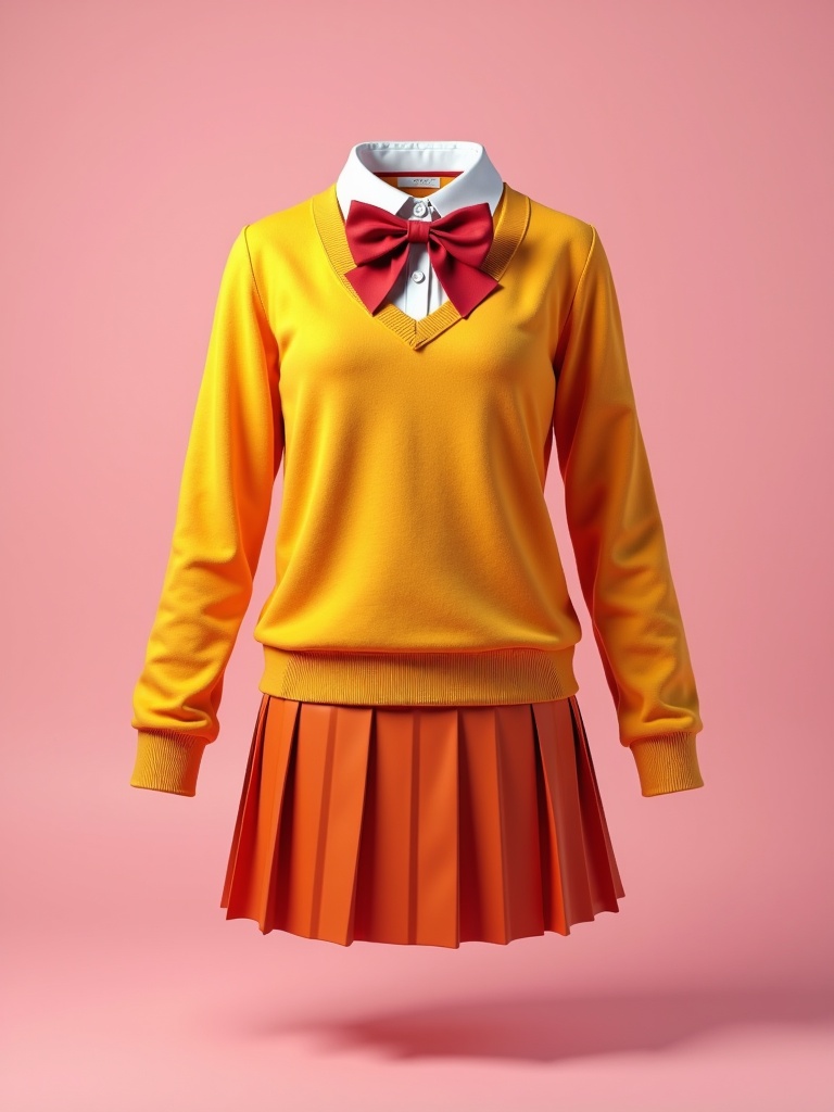 long sleeves miniskirt necktie orange bowtie orange jacket orange shirt pink background pleated skirt realistic red bow red neckwear school uniform shirt short hair skirt sleeves past fingers sleeves past wrists solo standing striped striped bow striped bowtie striped necktie sweater sweater vest uniform vest white background white shirt wing collar yellow vest,