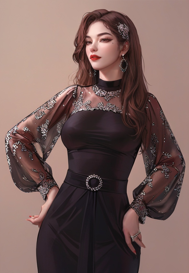 (best quality), ((masterpiece)), (highres), illustration, original, extremely detailed,lll, 1girl, solo, jewelry, earrings, mole, long hair, ring, mole under eye, dress, breasts, brown hair, red lips, hand on hip, black dress, realistic, see-through, parted lips, looking at viewer, long sleeves, hair ornament <lora:ACG ART_IV:0.2>